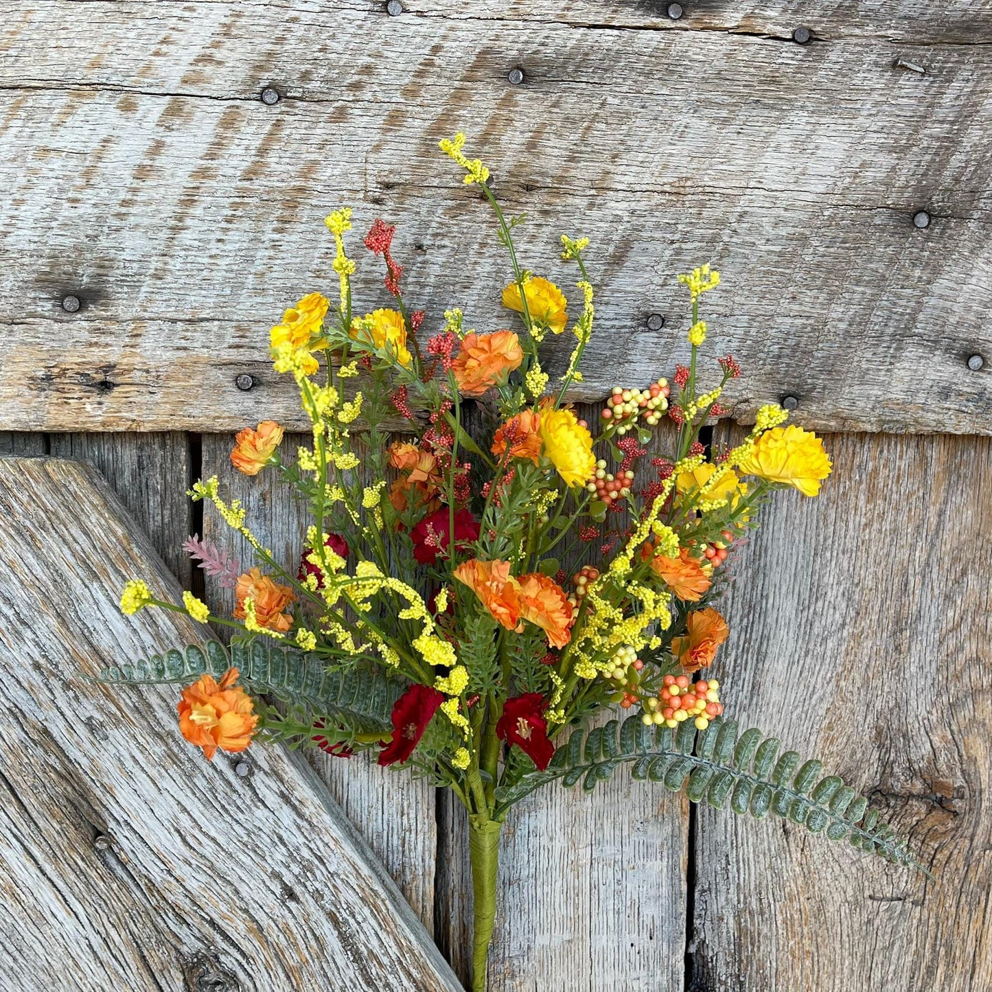 20" Spring Filler Floral Bush, Orange Yellow Red Floral Bush, Hand Tied Bush, Spring FLoral Bush, Wreath, Wedding Florals, 64847-ORYELRD