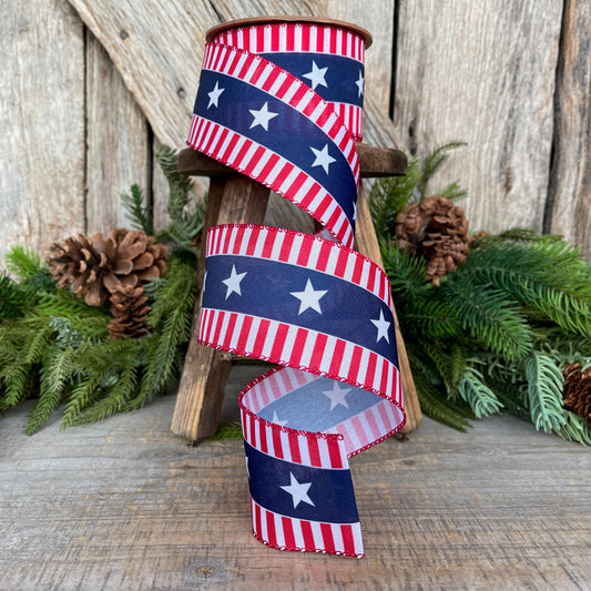 2.5" Patriotic Wired Ribbon, Stars and Stripe Ribbon, American Ribbon
