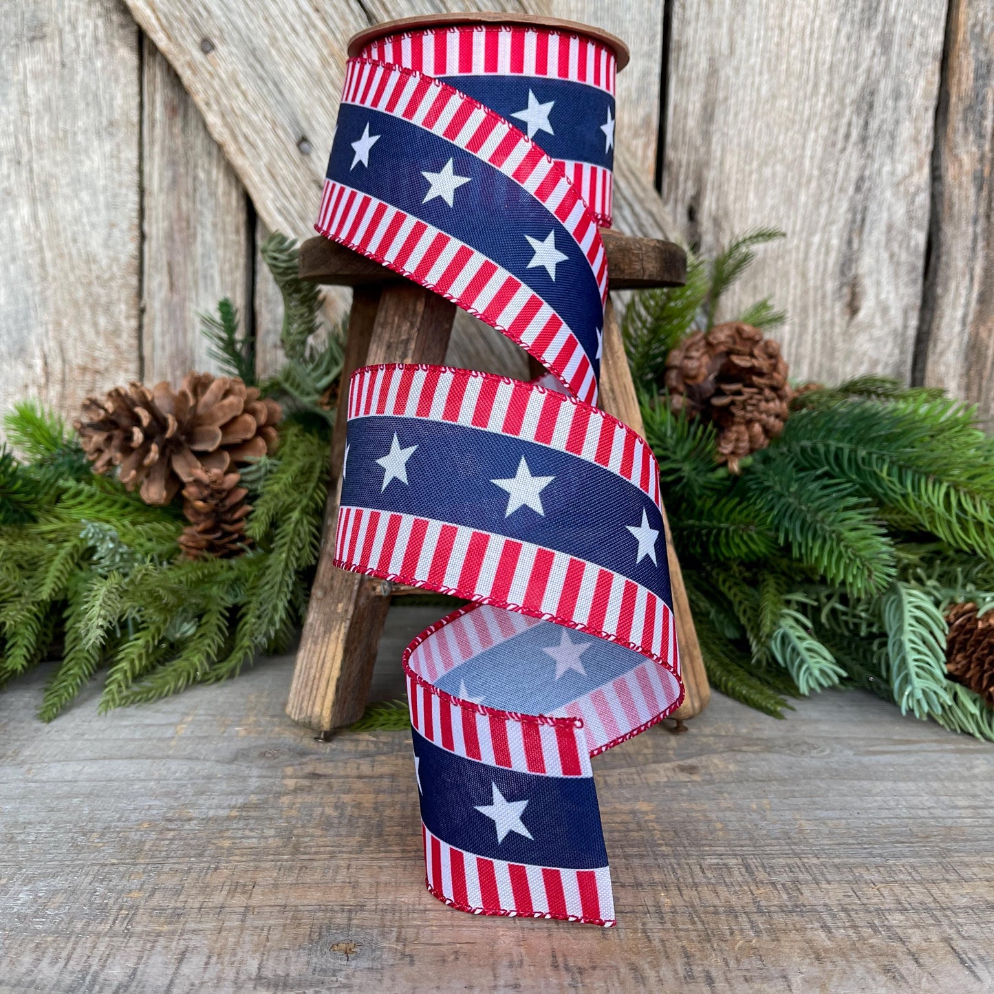 2.5" Patriotic Wired Ribbon, Stars and Stripe Ribbon, American Ribbon, USA Ribbon, 4th of July RIbbon, Ribbon for bows, Wreath supply