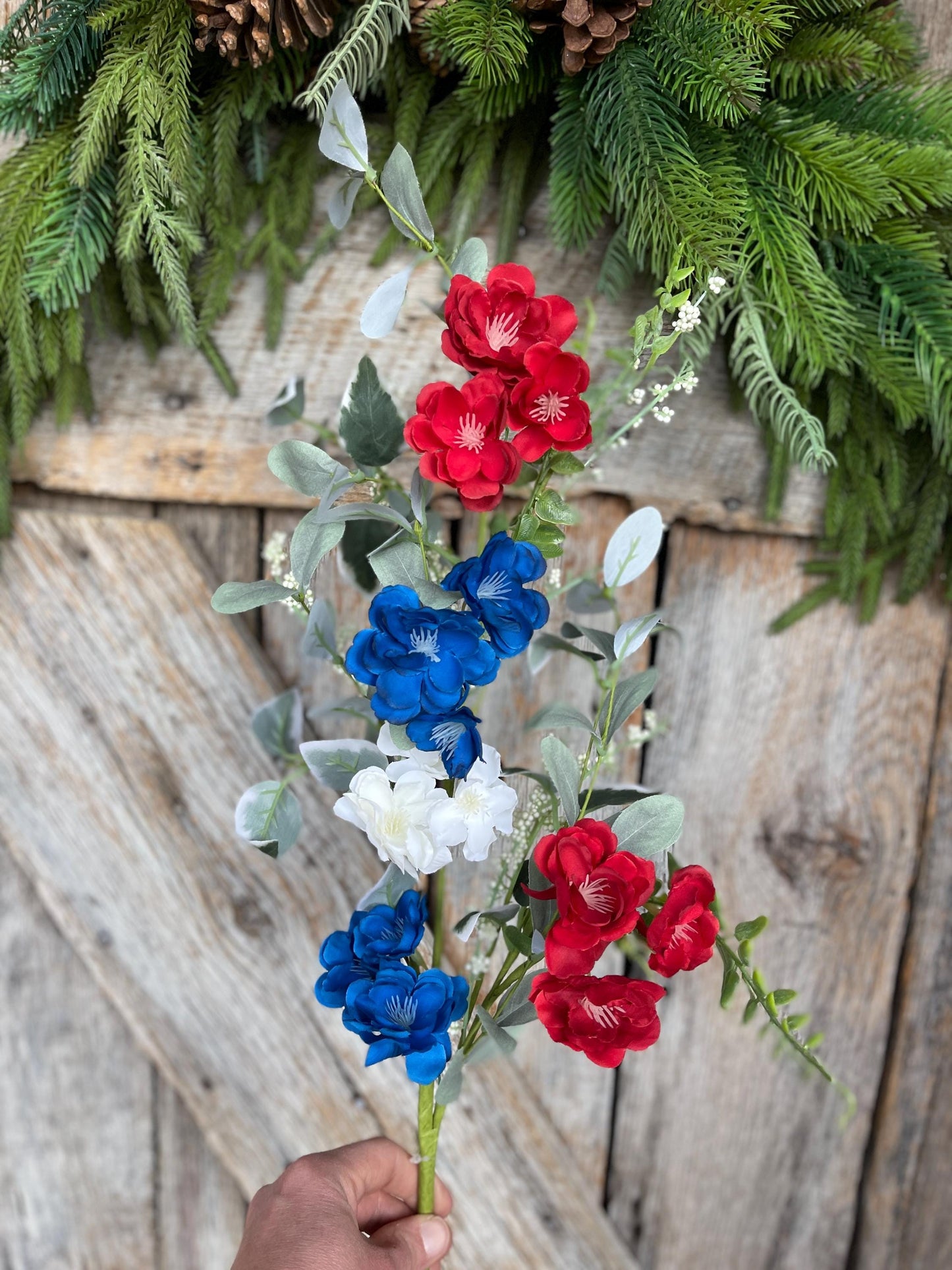 39" Patriotic Hydrangea Bush, Artificial Floral Bush, Red White Blue Floral