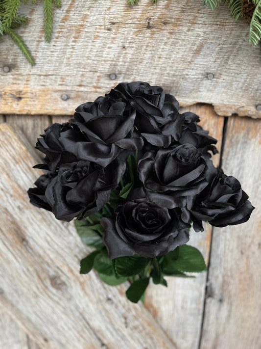 17" Black Rose Bush, Colorfast Black Roses, Artificial Roses
