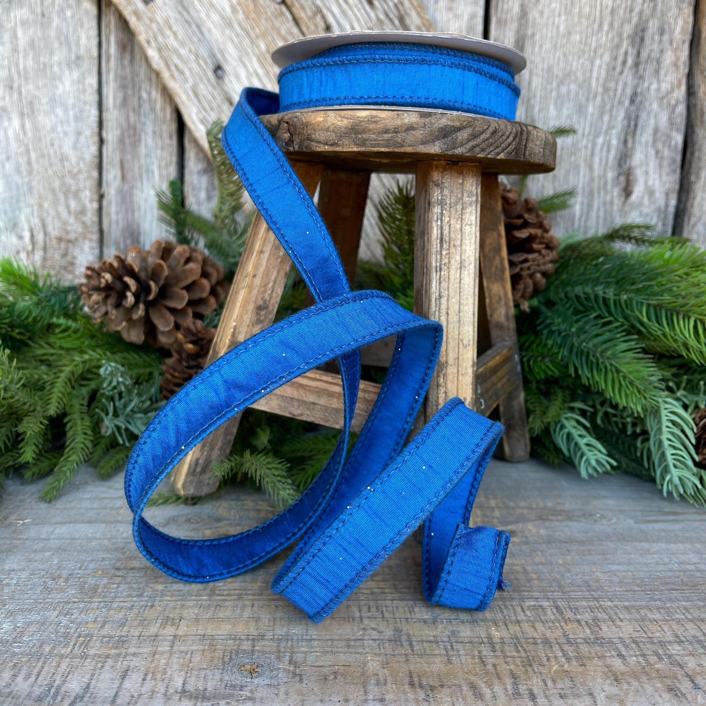 7/8” Royal Blue Dupion Ribbon, blue ribbon, wired ribbon