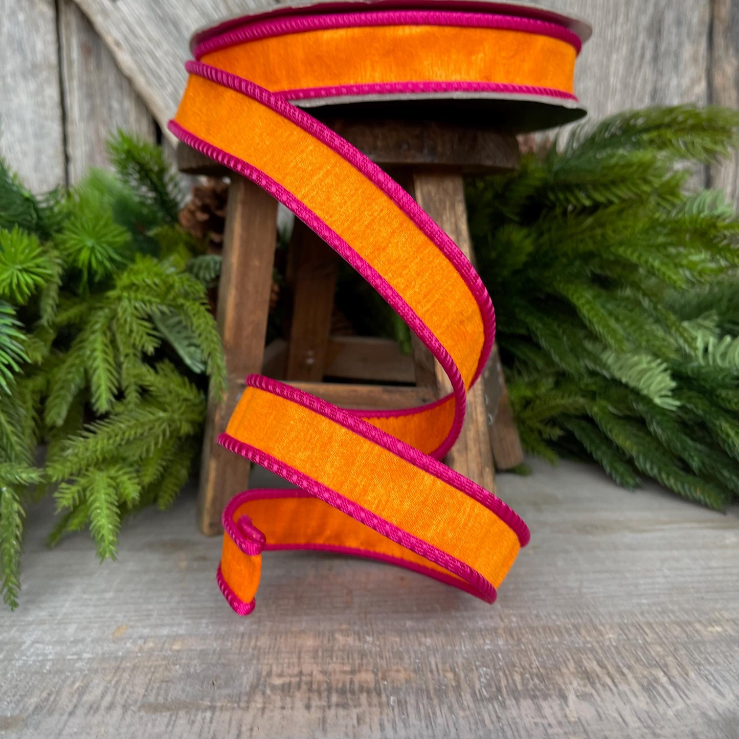 1" Pink Orange Ribbon, Farrisilk Ribbon, Hot Pink Accent Ribbon, Pink Orange Ribbon, Wired RIbbon, Designer Ribbon, Corded RIbbon, RK533-52