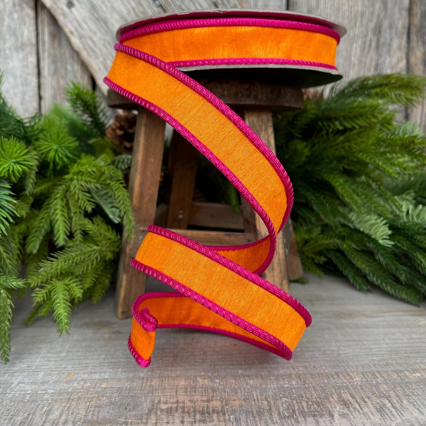 1" Pink Orange Ribbon, Farrisilk Ribbon, Hot Pink Accent Ribbon, Pink Orange Ribbon, Wired RIbbon, Designer Ribbon, Corded RIbbon, RK533-52