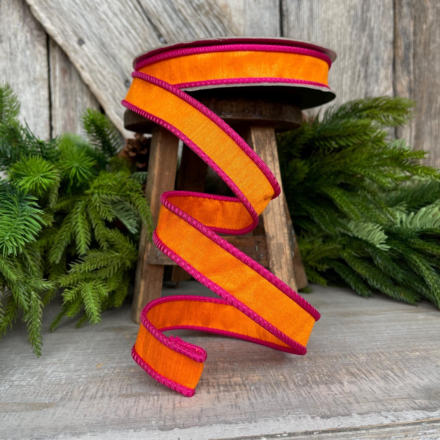 1" Pink Orange Ribbon, Farrisilk Ribbon, Hot Pink Accent Ribbon, Pink Orange Ribbon, Wired RIbbon, Designer Ribbon, Corded RIbbon, RK533-52
