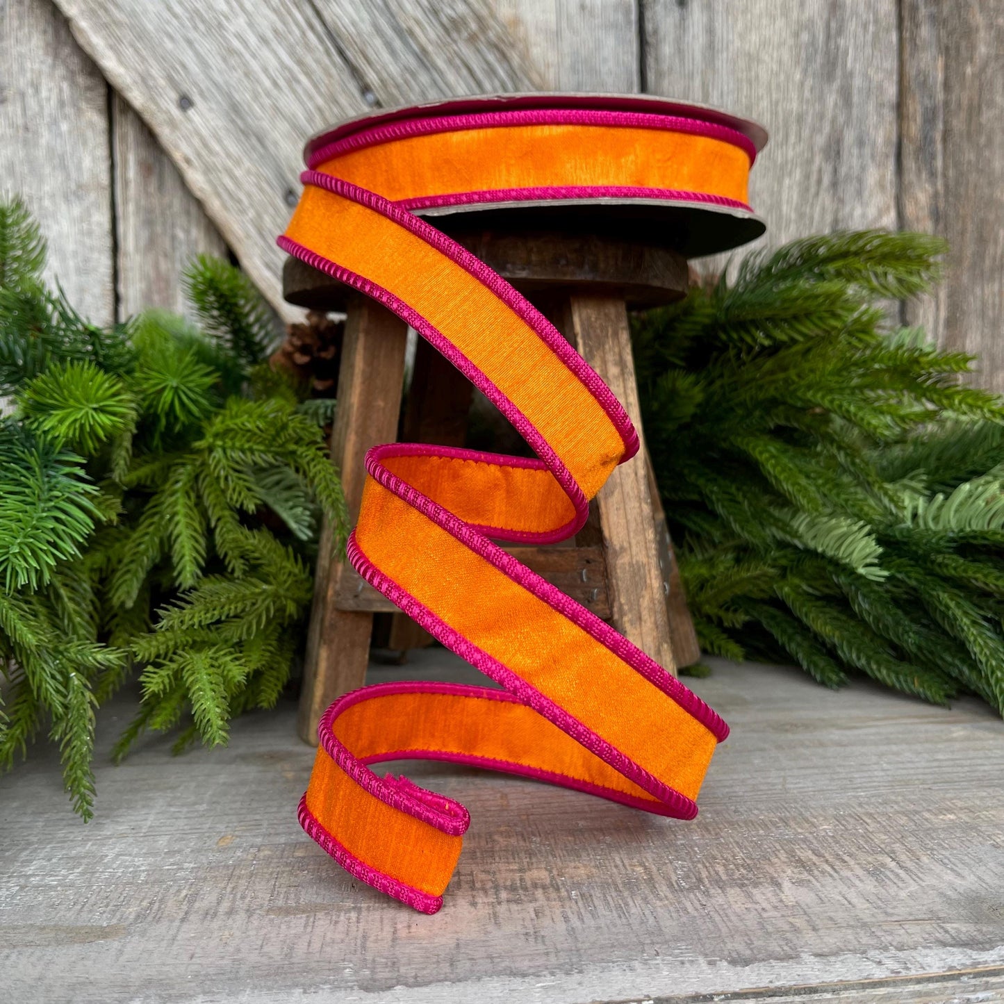 1" Pink Orange Ribbon, Farrisilk Ribbon, Hot Pink Accent Ribbon, Pink Orange Ribbon, Wired RIbbon, Designer Ribbon, Corded RIbbon, RK533-52