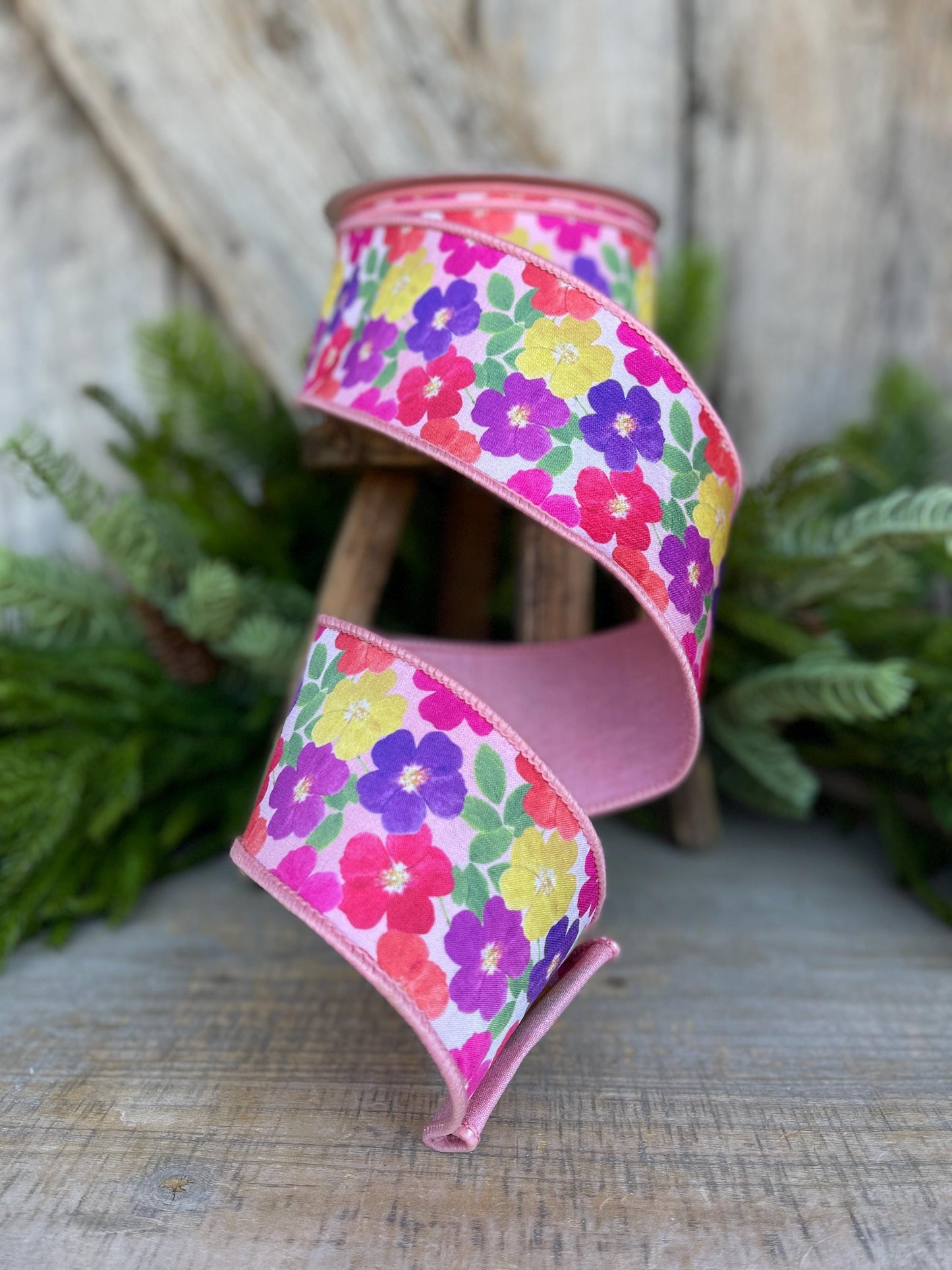2.5" Pink Floral Ribbon, Farrisilk Ribbon, Petal Parchment, Spring Ribbon, Summer Ribbon, SR013-73