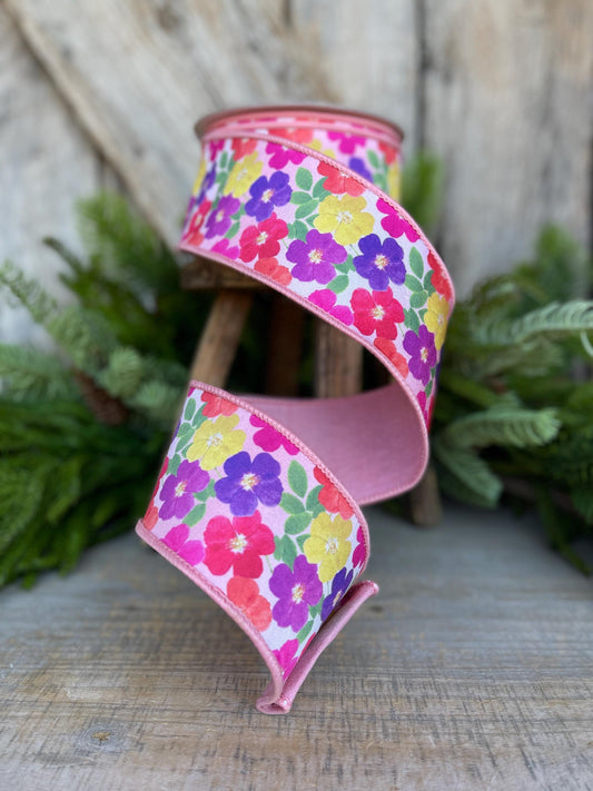 2.5" Pink Floral Ribbon, Farrisilk Ribbon, Petal Parchment