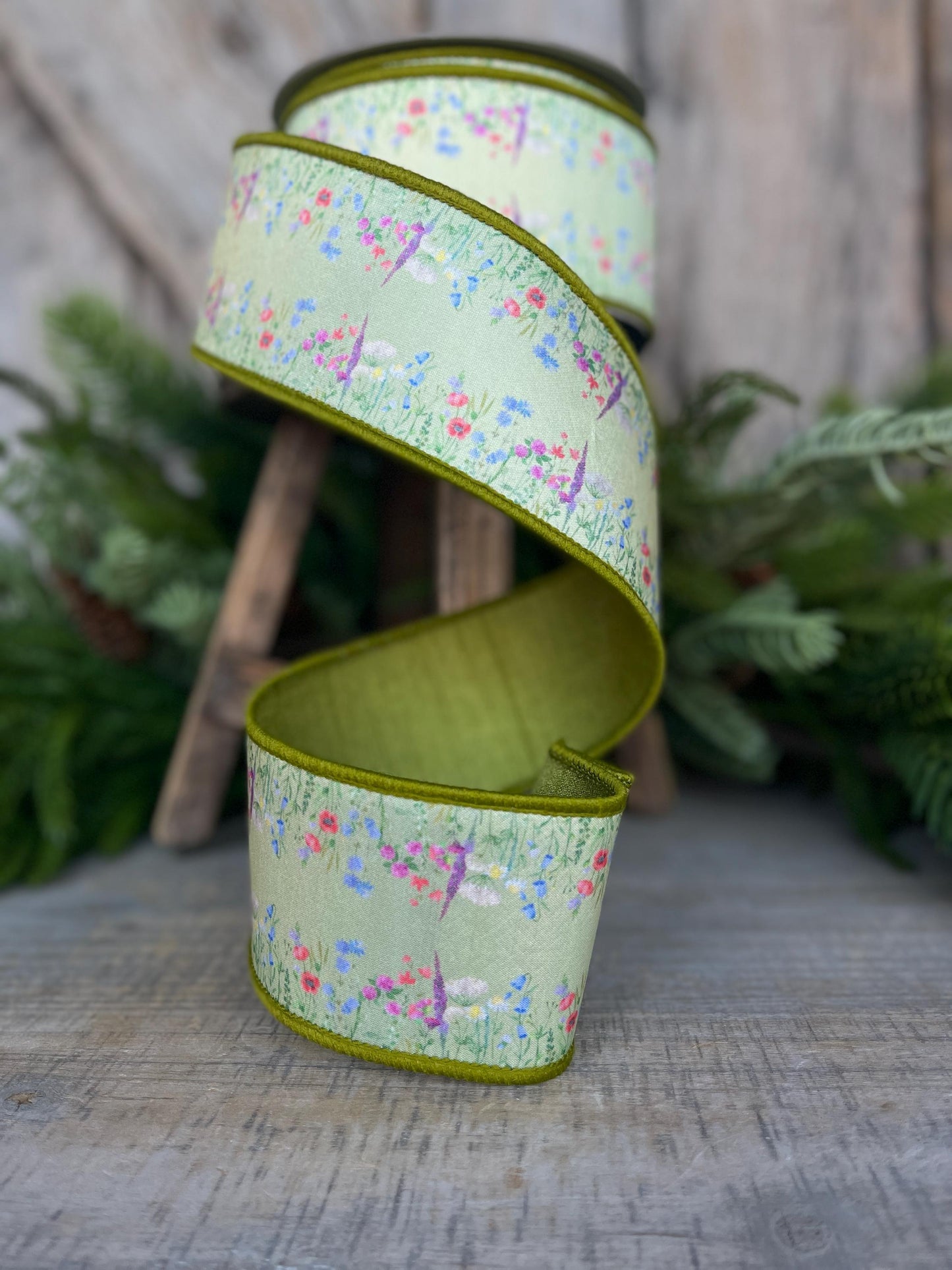 2.5" Green Wildflowers Ribbon, Farrisilk Ribbon, Floral Ribbon