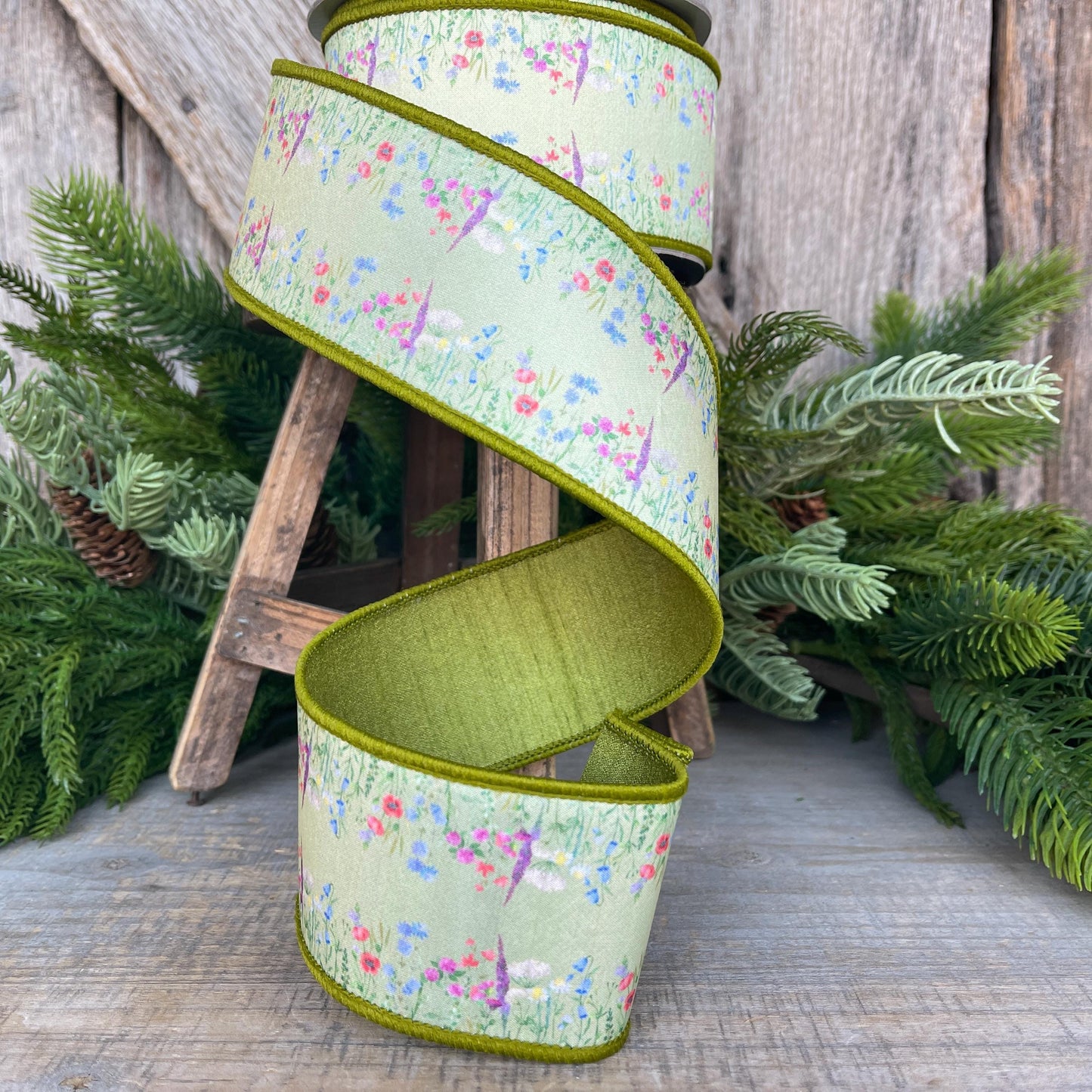 2.5" Green Wildflowers Ribbon, Farrisilk Ribbon, Floral Ribbon, Spring Ribbon, Summer Ribbon, SR029-12