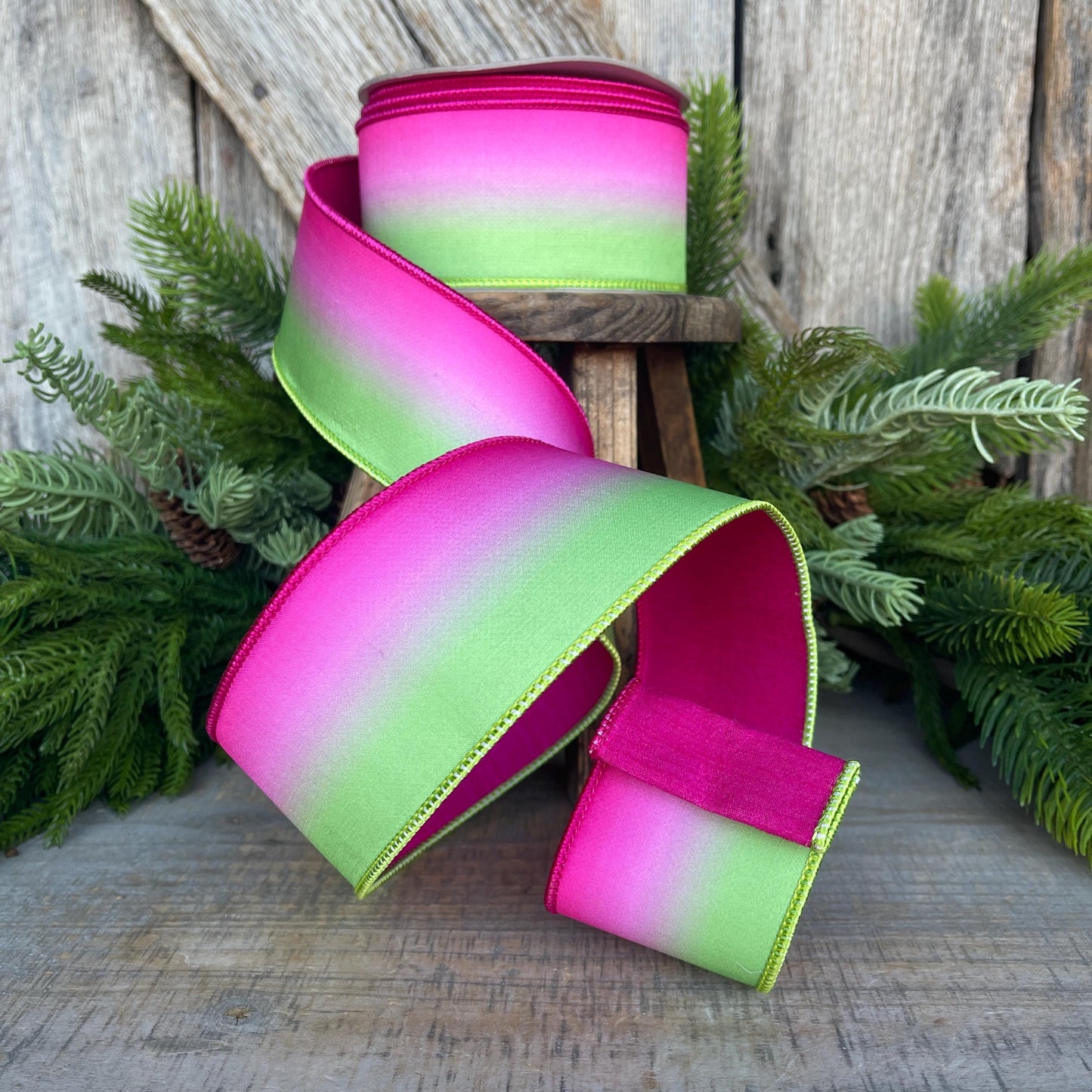 2.5" Pink Lime Green Vibrant Horizon Ribbon, Farrisilk RIbbon, Wired RIbbon, SPring Ribbon, 2 Tone Ribbon, Ombre Ribbon, SR032-32