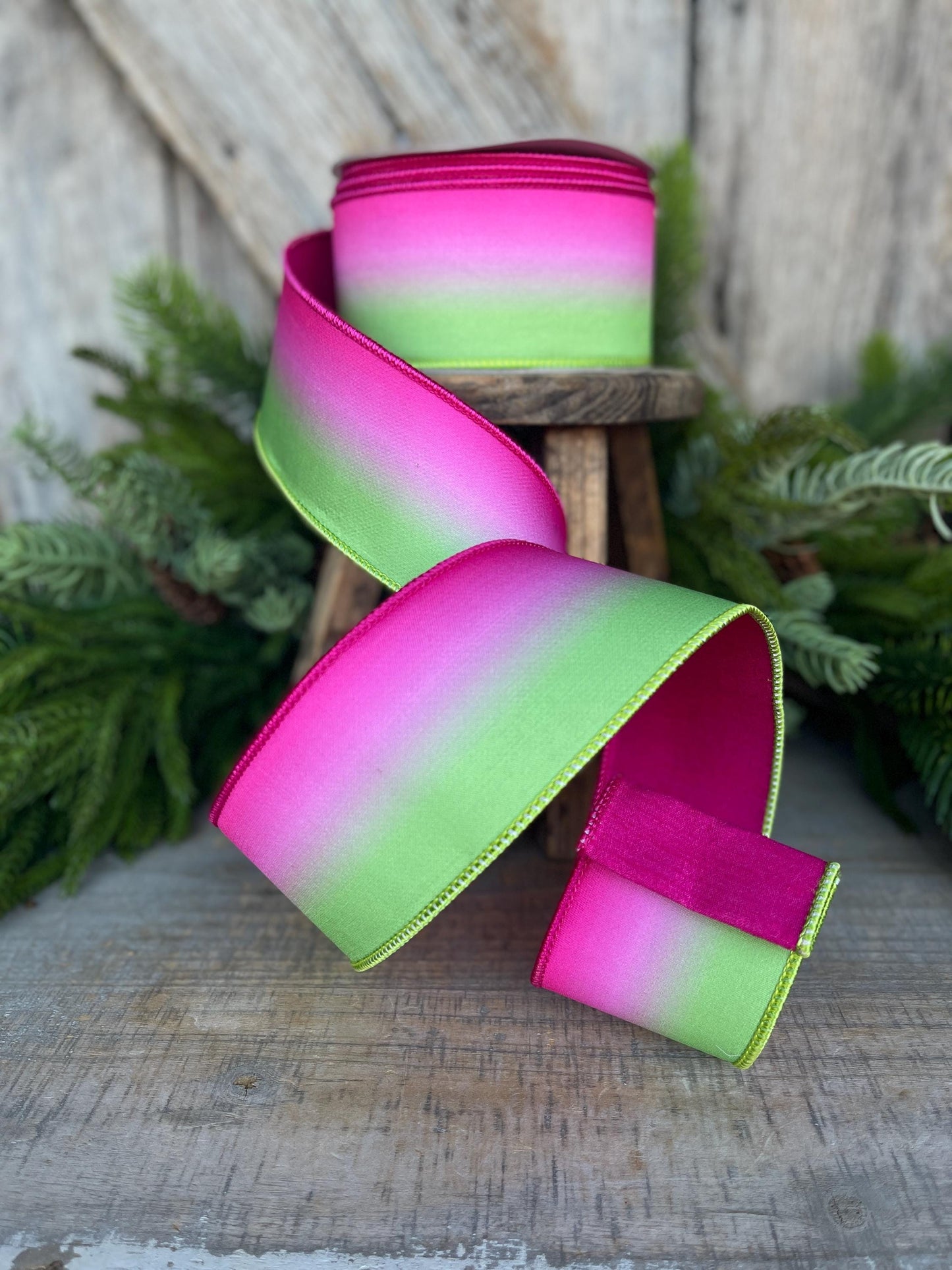 2.5" Pink Lime Green Vibrant Horizon Ribbon, Farrisilk RIbbon, Wired RIbbon, SPring Ribbon, 2 Tone Ribbon, Ombre Ribbon, SR032-32