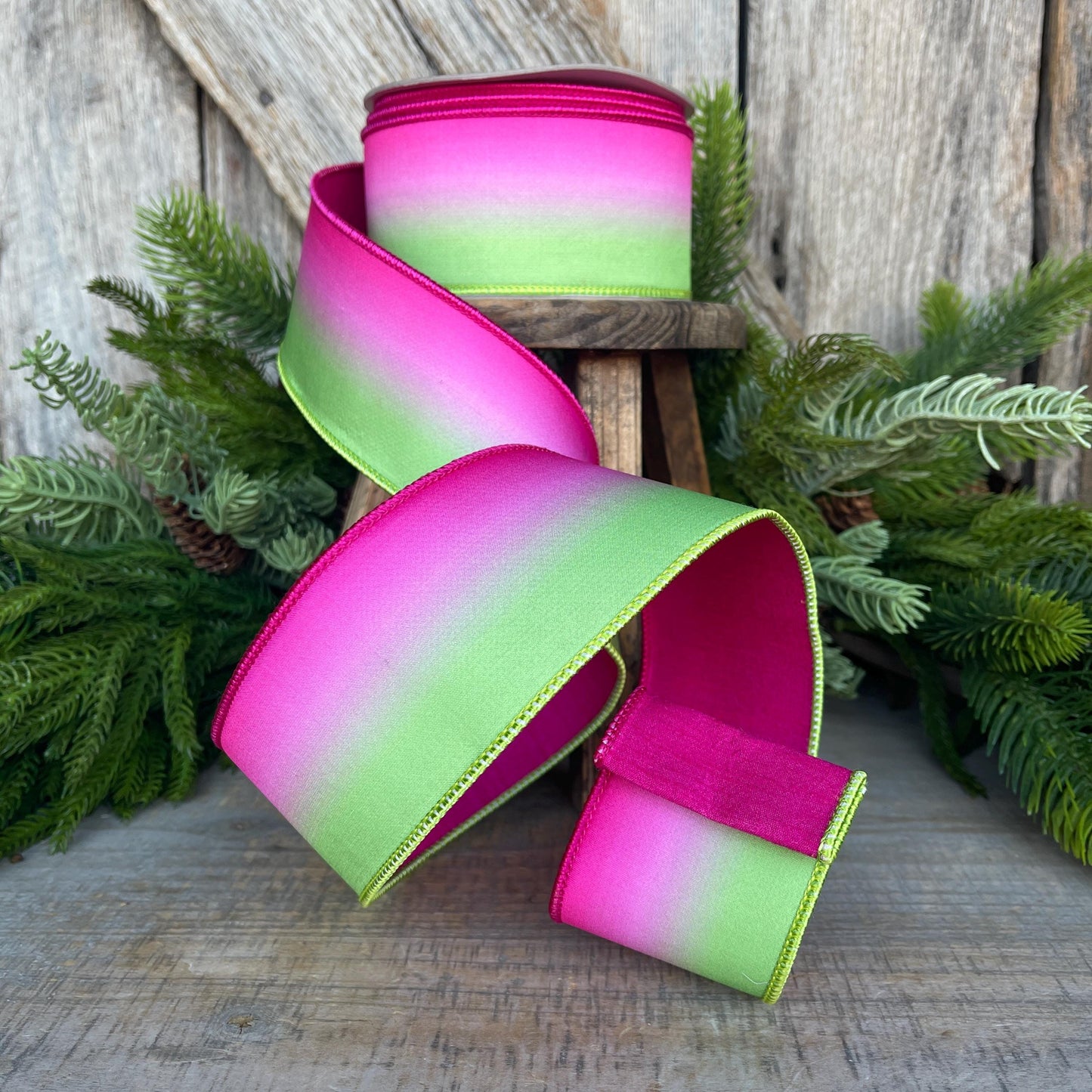 2.5" Pink Lime Green Vibrant Horizon Ribbon, Farrisilk RIbbon, Wired RIbbon, SPring Ribbon, 2 Tone Ribbon, Ombre Ribbon, SR032-32