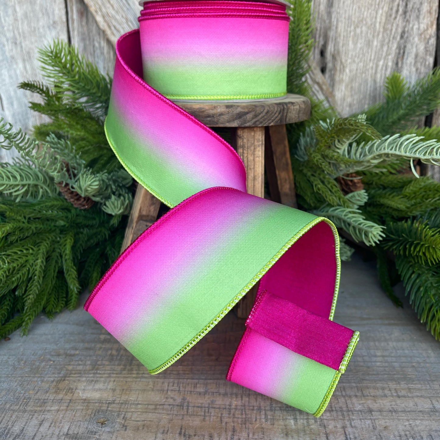 2.5" Pink Lime Green Vibrant Horizon Ribbon, Farrisilk RIbbon, Wired RIbbon, SPring Ribbon, 2 Tone Ribbon, Ombre Ribbon, SR032-32