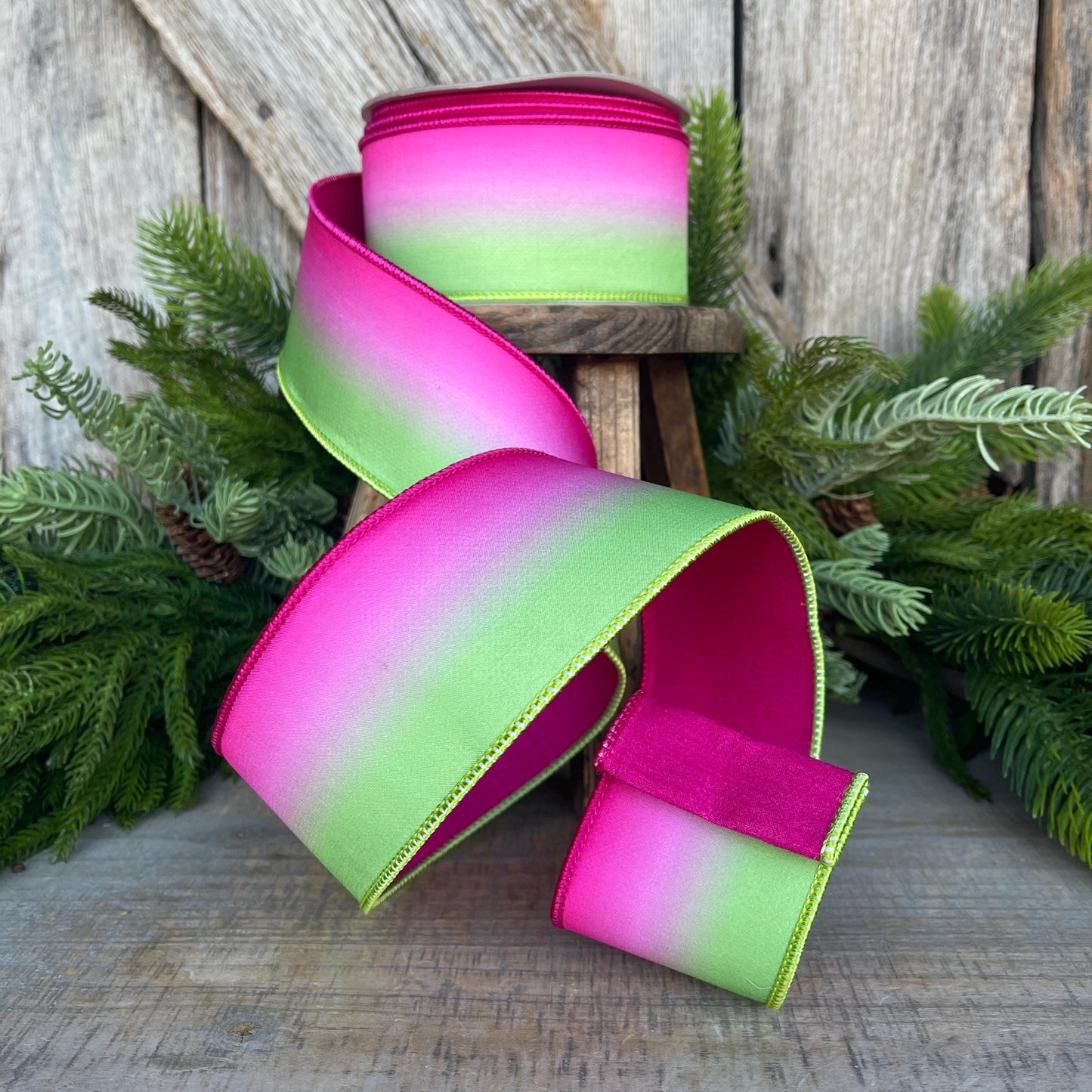 2.5" Pink Lime Green Vibrant Horizon Ribbon, Farrisilk RIbbon, Wired RIbbon