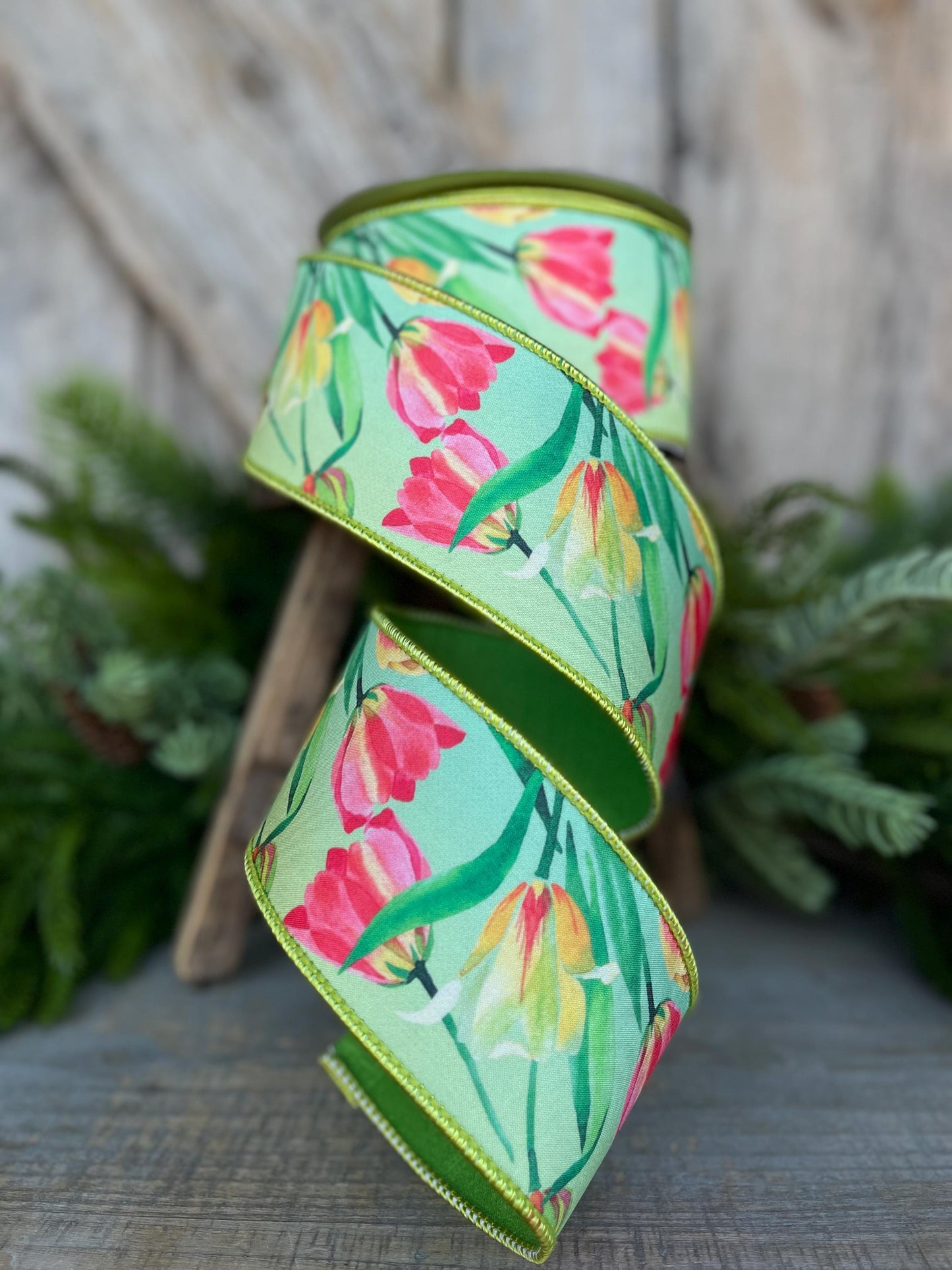 2.5" Tulip Ribbon, Wired Ribbon, Farrisilk Ribbon, Spring Tulip Ribbon, Green Tulip Ribbon, Designer Ribbon, SR063-32