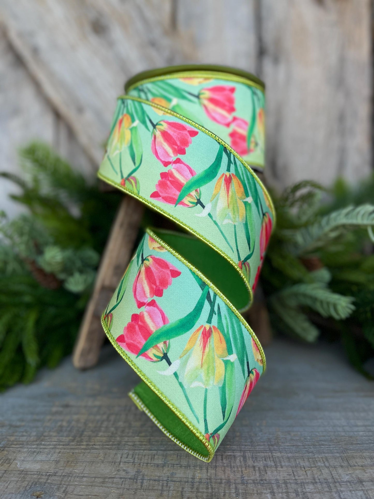 2.5" Tulip Ribbon, Wired Ribbon, Farrisilk Ribbon, Spring Tulip Ribbon, Green Tulip Ribbon, Designer Ribbon, SR063-32