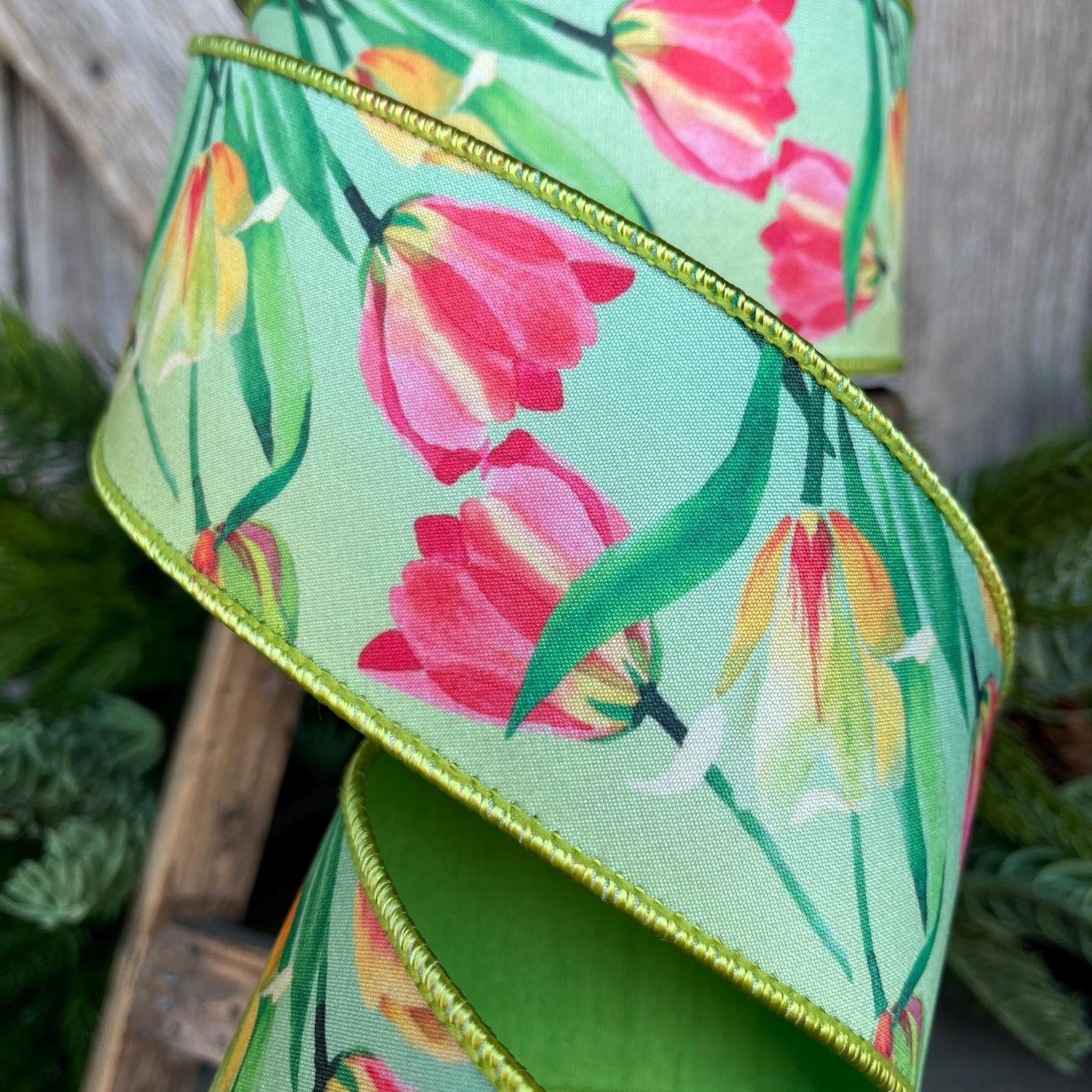 2.5" Tulip Ribbon, Wired Ribbon, Farrisilk Ribbon, Spring Tulip Ribbon, Green Tulip Ribbon, Designer Ribbon, SR063-32