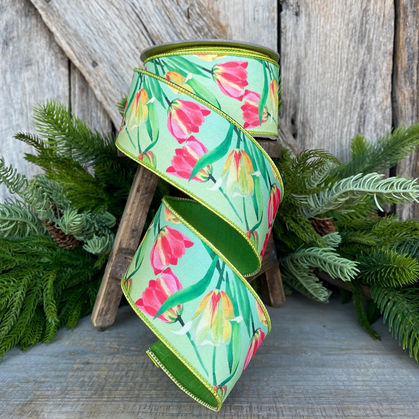 2.5" Tulip Ribbon, Wired Ribbon, Farrisilk Ribbon, Spring Tulip Ribbon, Green Tulip Ribbon, Designer Ribbon, SR063-32