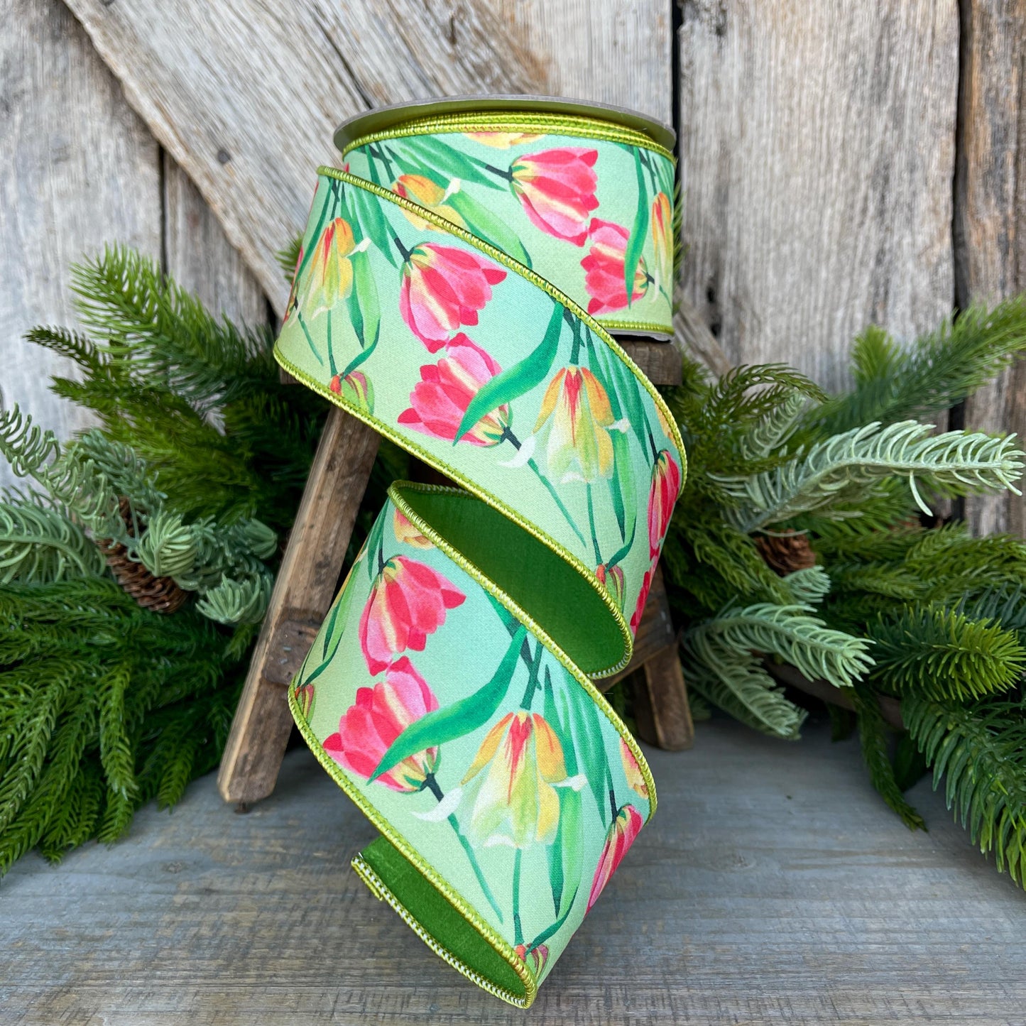 2.5" Tulip Ribbon, Wired Ribbon, Farrisilk Ribbon, Spring Tulip Ribbon, Green Tulip Ribbon, Designer Ribbon, SR063-32