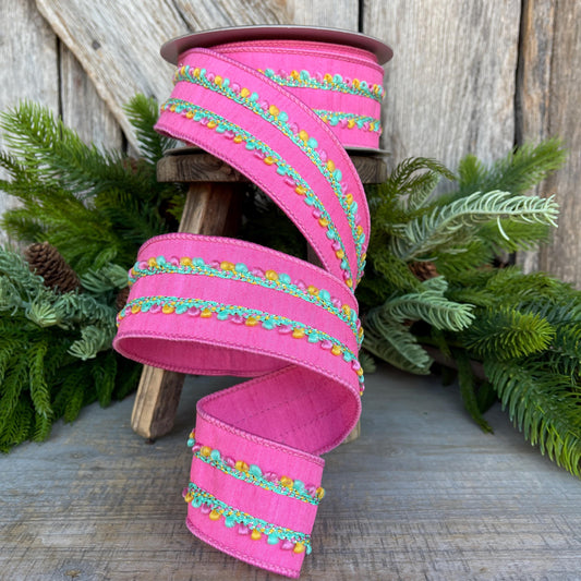 2" Bubblegum Pink Sherbert Puffs Ribbon, Farrisilk Ribbon, Wired Ribbon