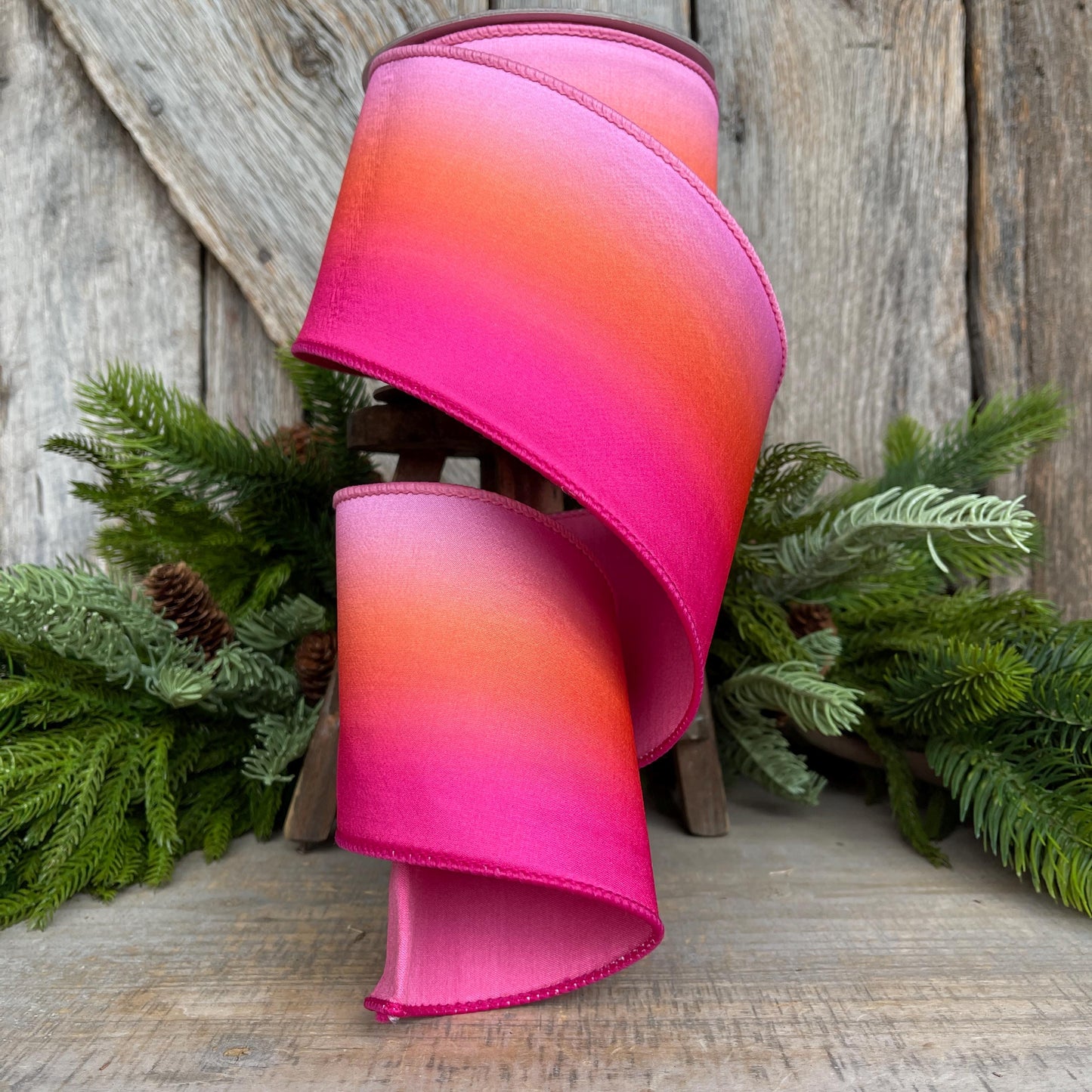 4" Pink Orange Sunset Ribbon, Farrisilk RIbbon, Pink Wired RIbbon