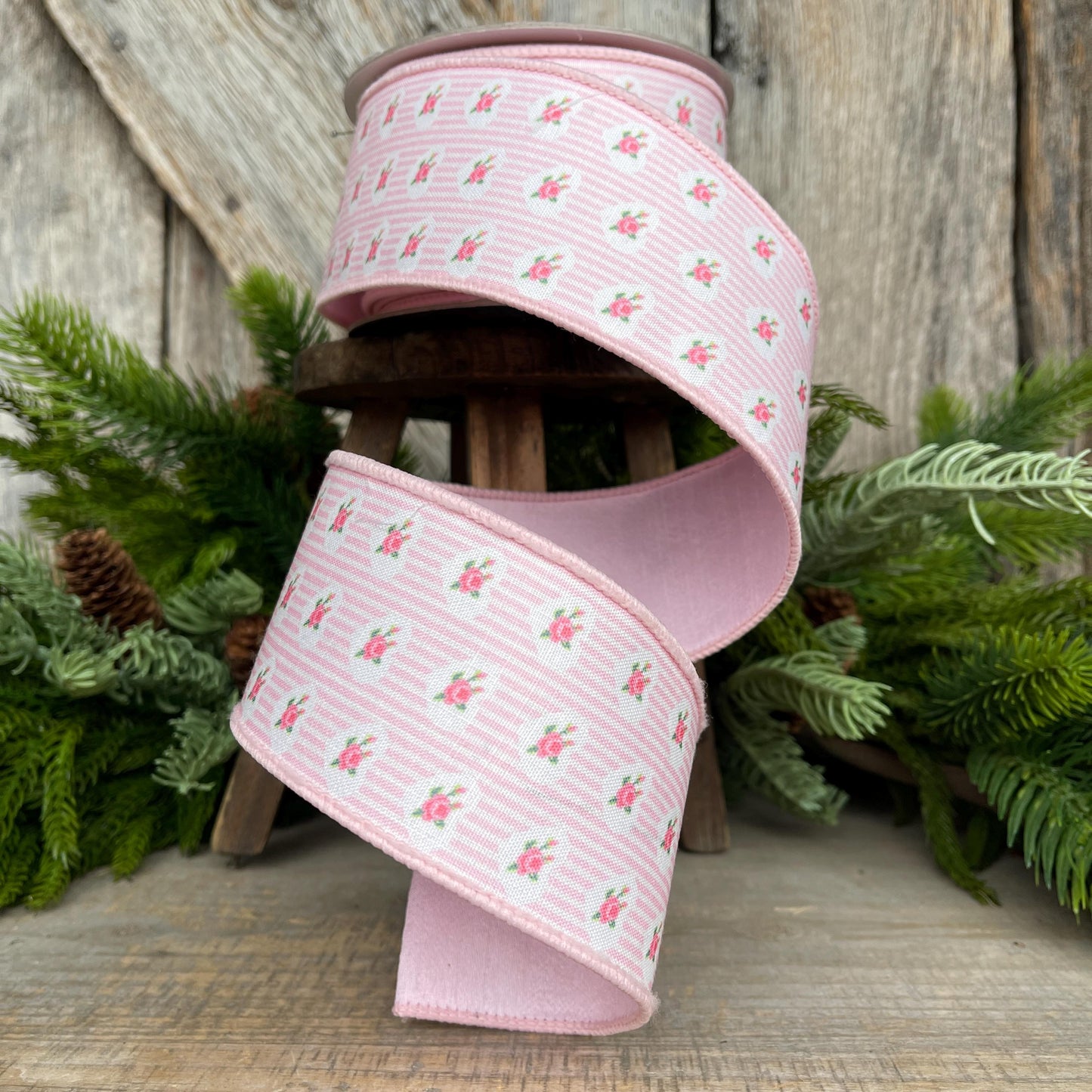 2.5" Pink rose ribbon, farrisilk ribbon, wired ribbon, rose ribbon, pink ribbon, wreath supply, victorian heart ribbon, light pink, SR021-14