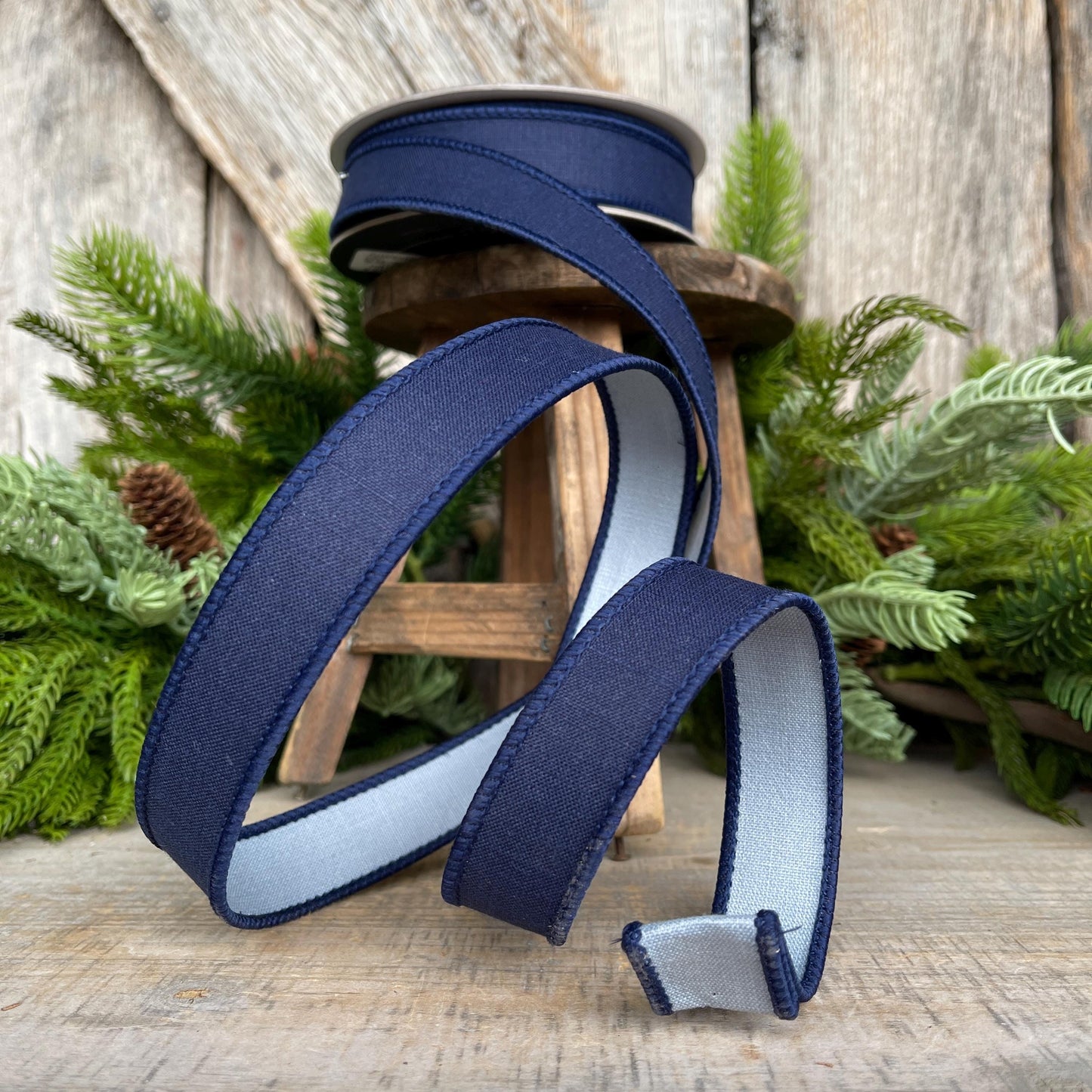 1" Navy Blue Ribbon, Farrisilk Ribbon, Wired Ribbon, Navy Blue Linen Tones Ribbon, 2 Tone Ribbon, Denim Look Ribbon, SR119-05
