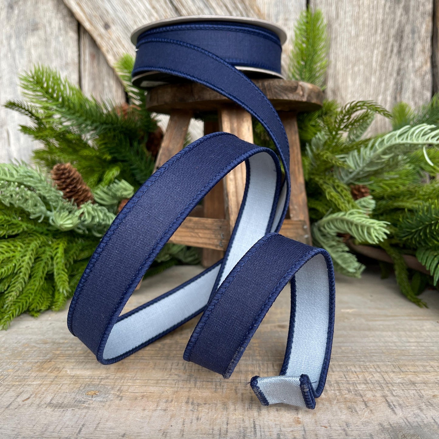 1" Navy Blue Ribbon, Farrisilk Ribbon, Wired Ribbon, Navy Blue Linen Tones Ribbon, 2 Tone Ribbon, Denim Look Ribbon, SR119-05