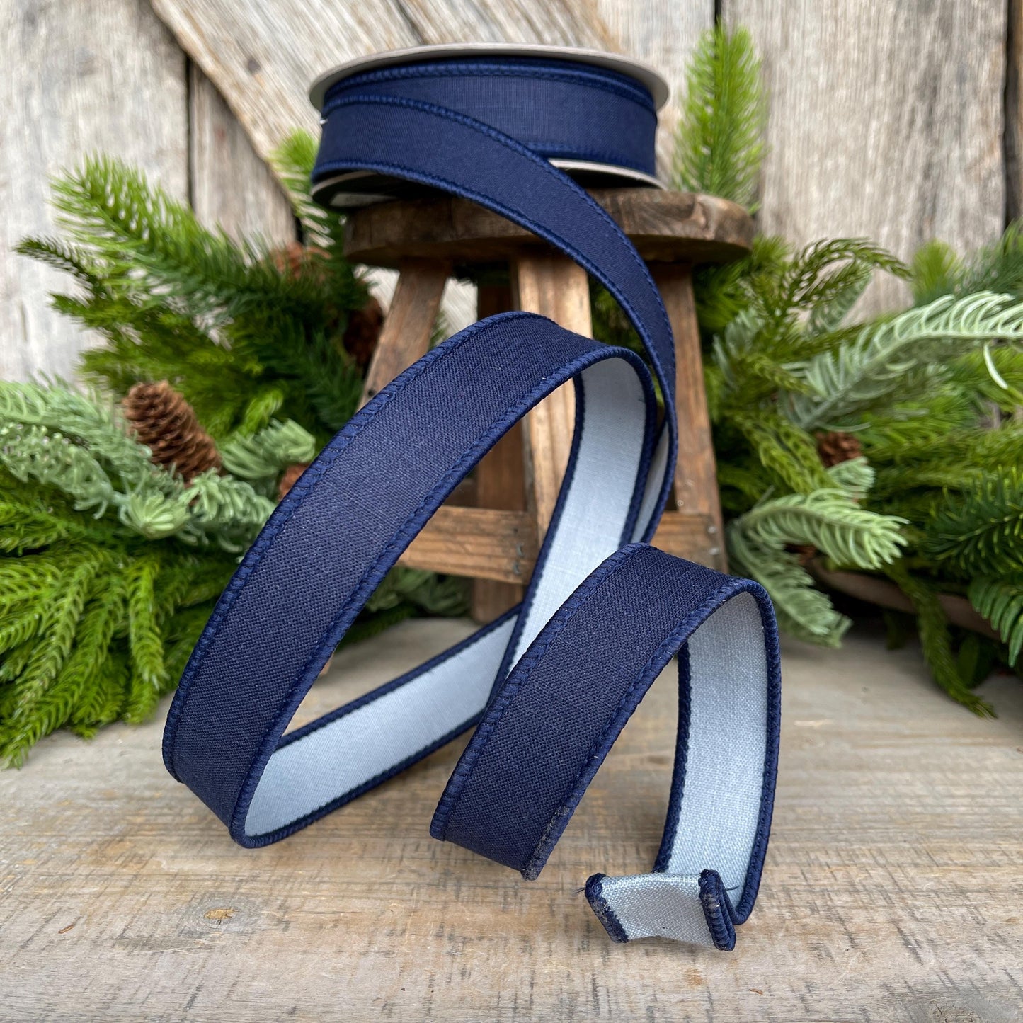 1" Navy Blue Ribbon, Farrisilk Ribbon, Wired Ribbon, Navy Blue Linen Tones Ribbon, 2 Tone Ribbon, Denim Look Ribbon, SR119-05
