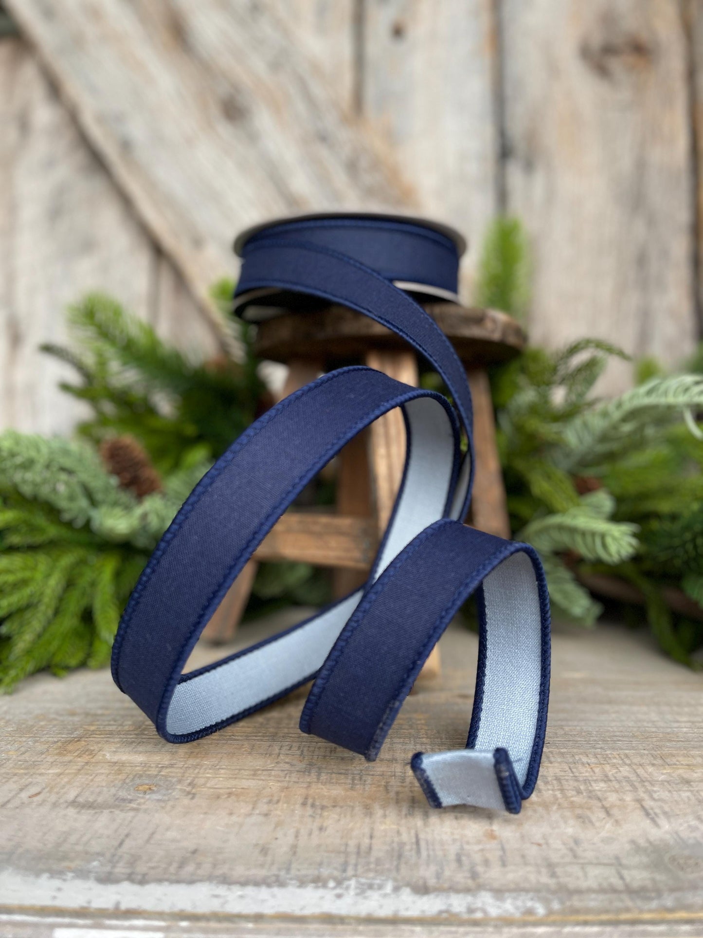 1" Navy Blue Ribbon, Farrisilk Ribbon, Wired Ribbon, Navy Blue Linen Tones Ribbon, 2 Tone Ribbon, Denim Look Ribbon, SR119-05