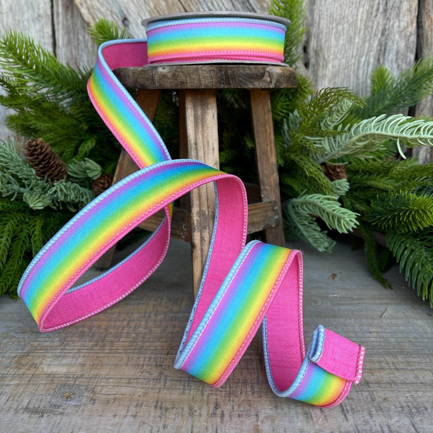 1" Magic Rainbow Ribbon, Farrisilk Ribbon, Wired Ribbon, Pastel Rainbow Ribbon, Spring Ribbon, Rainbow Decor, SR037-32