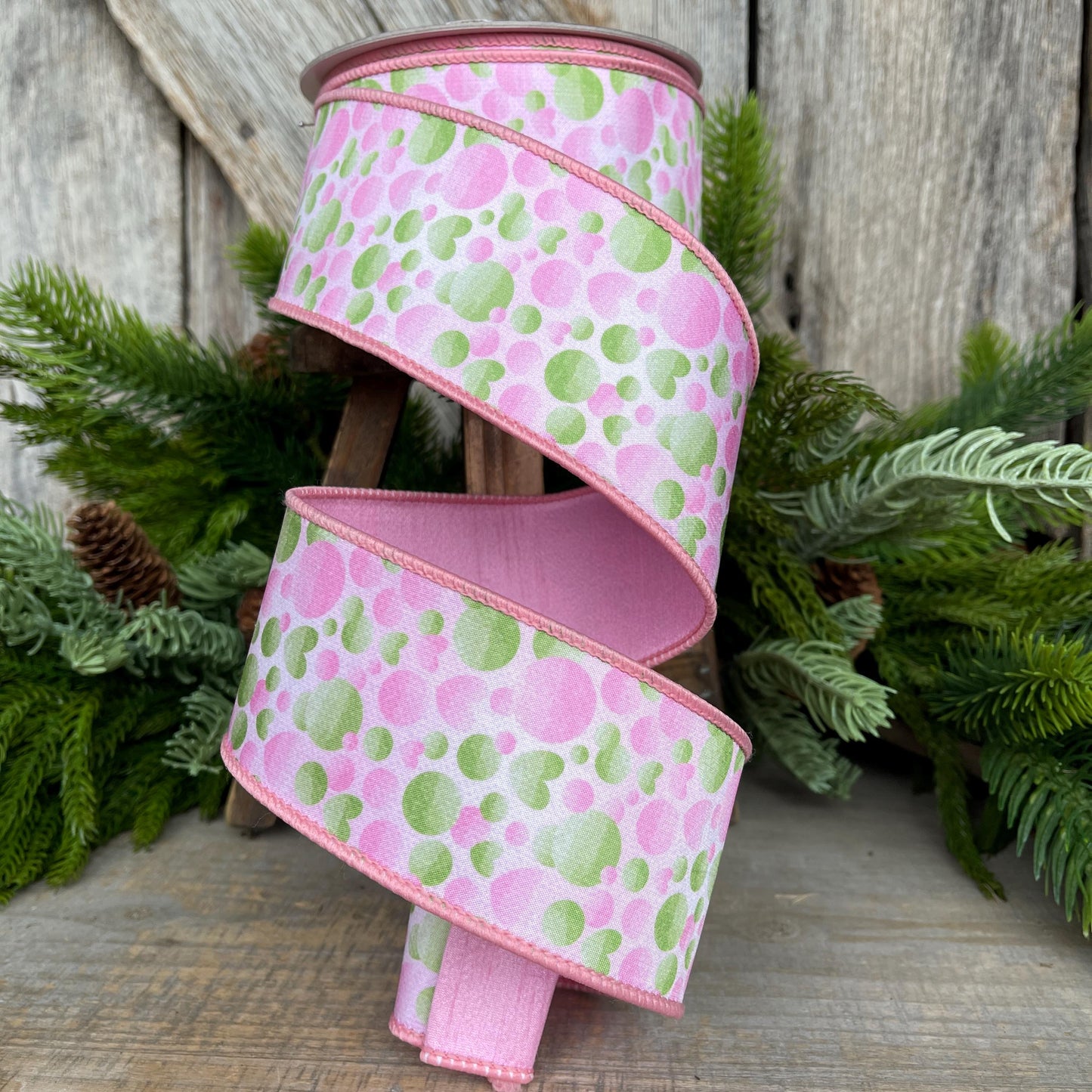 2.5" Pink Green Bubble Ribbon, Farrisilk Ribbon, Wired Ribbon, Love Bubbles Ribbon, Light Pink Green Ribbon, Spring Ribbon, SR054-32
