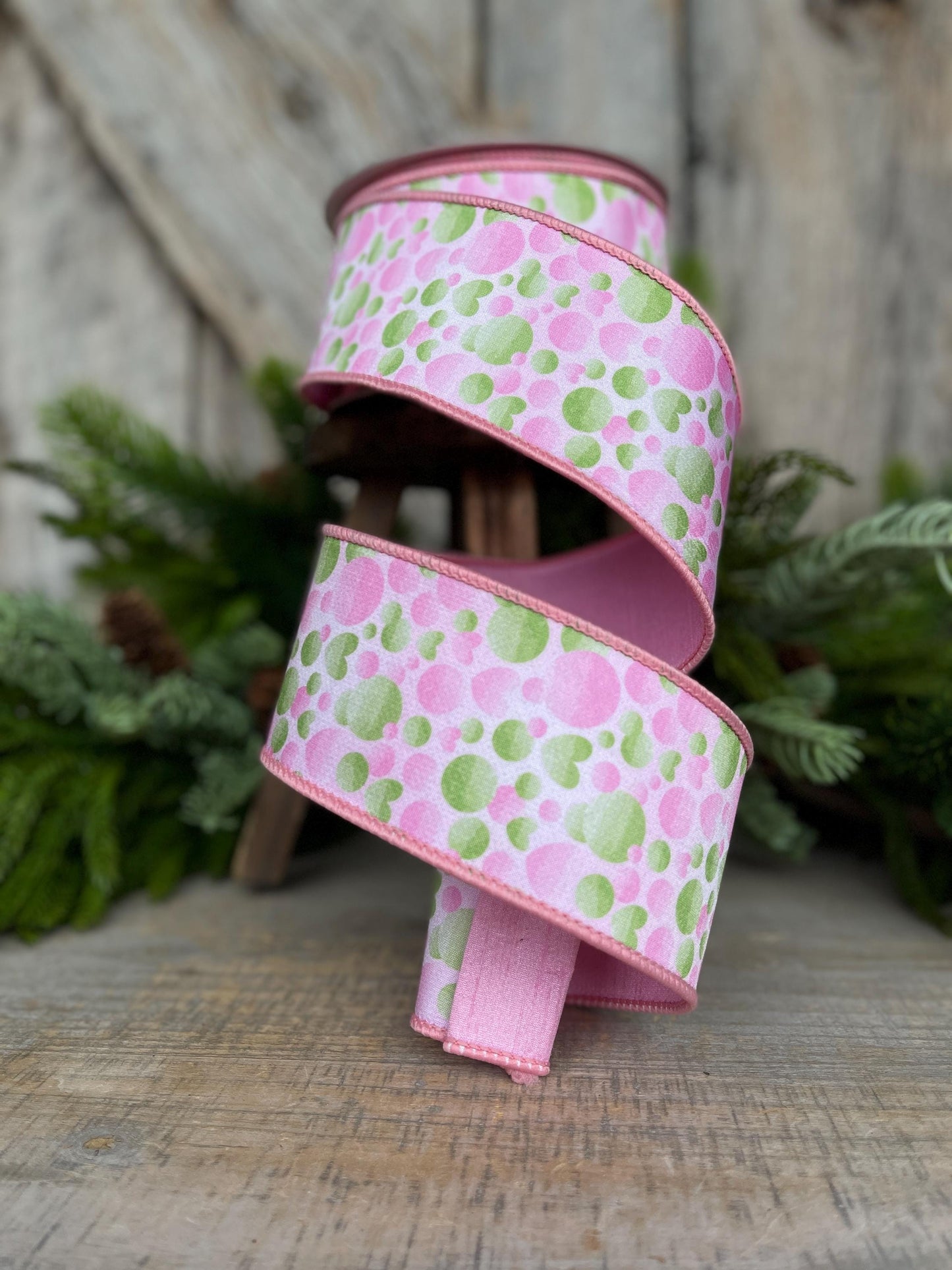 2.5" Pink Green Bubble Ribbon, Farrisilk Ribbon, Wired Ribbon, Love Bubbles Ribbon, Light Pink Green Ribbon, Spring Ribbon, SR054-32