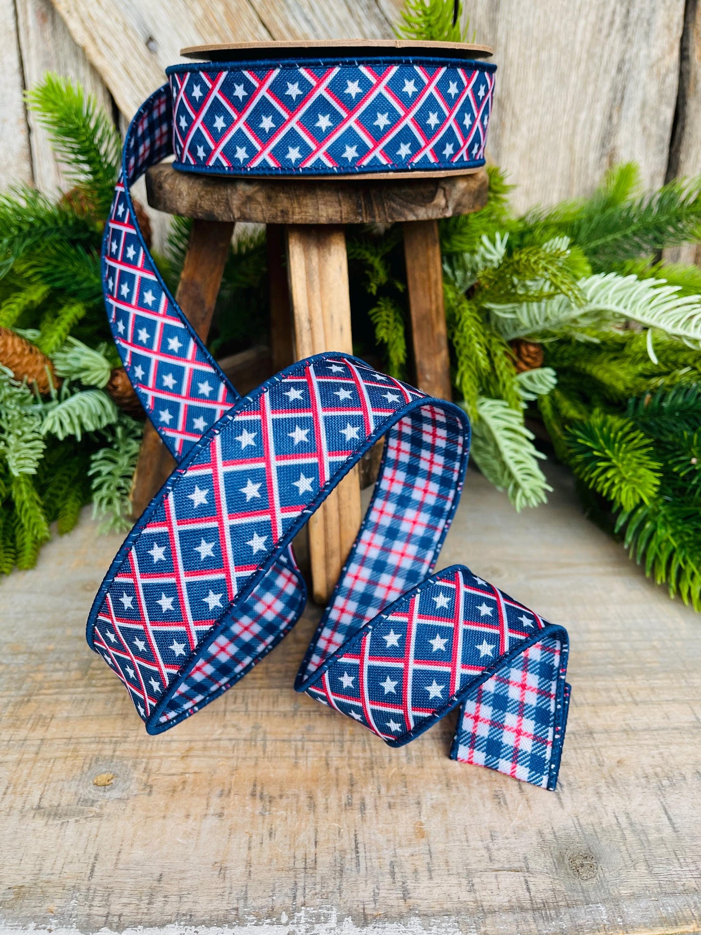 1.5" Patriotic Ribbon, Wired Ribbon, Star Ribbon, Red White Blue Ribbon, 4th of July Ribbon, 9553W-032-38E