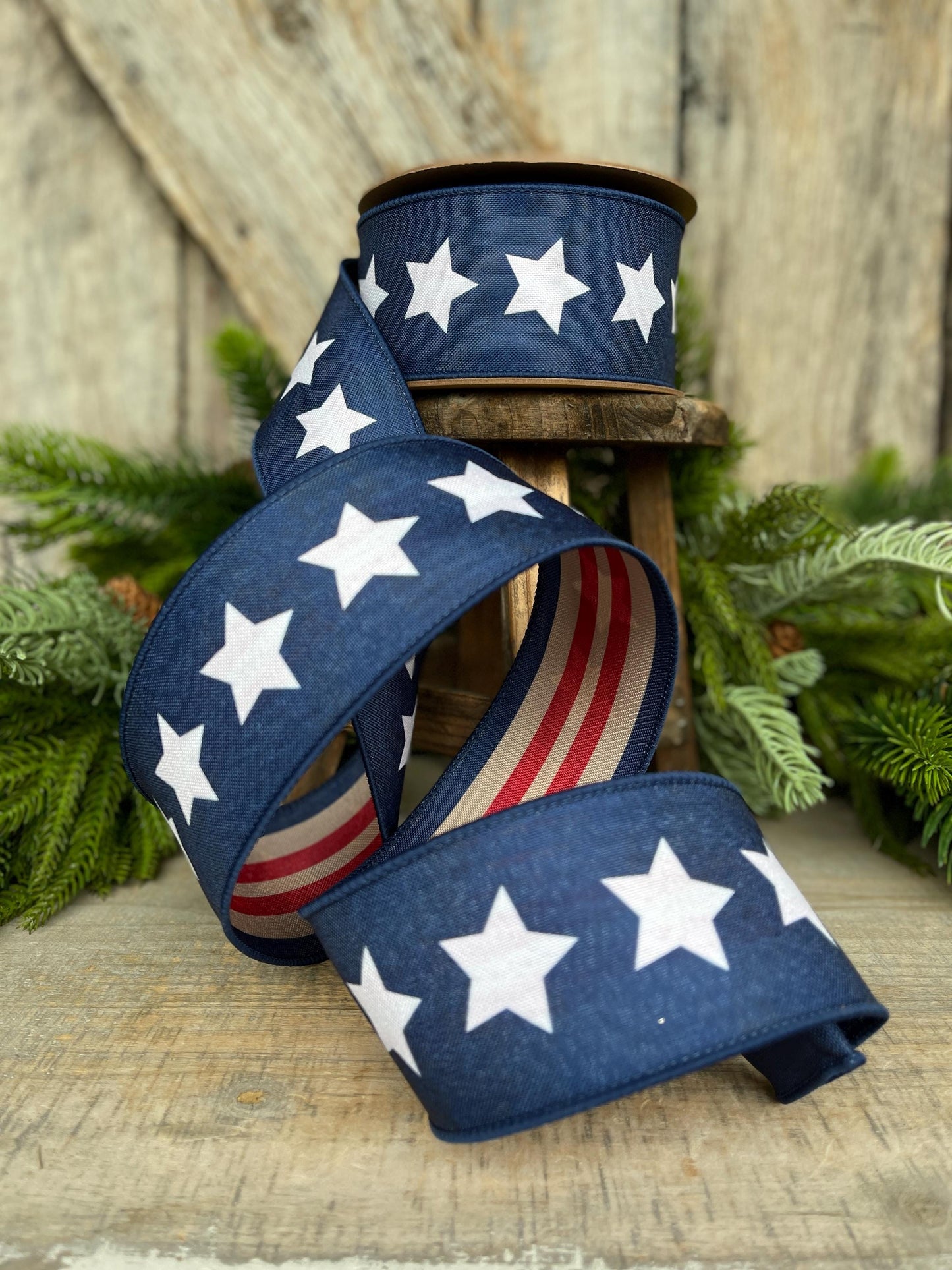 2.5" Patriotic Wired Ribbon, Blue Stars Tea-Stained Red Stripes, Americana Ribbon, Rustic 4th of July Decor, 9556W-032-63C
