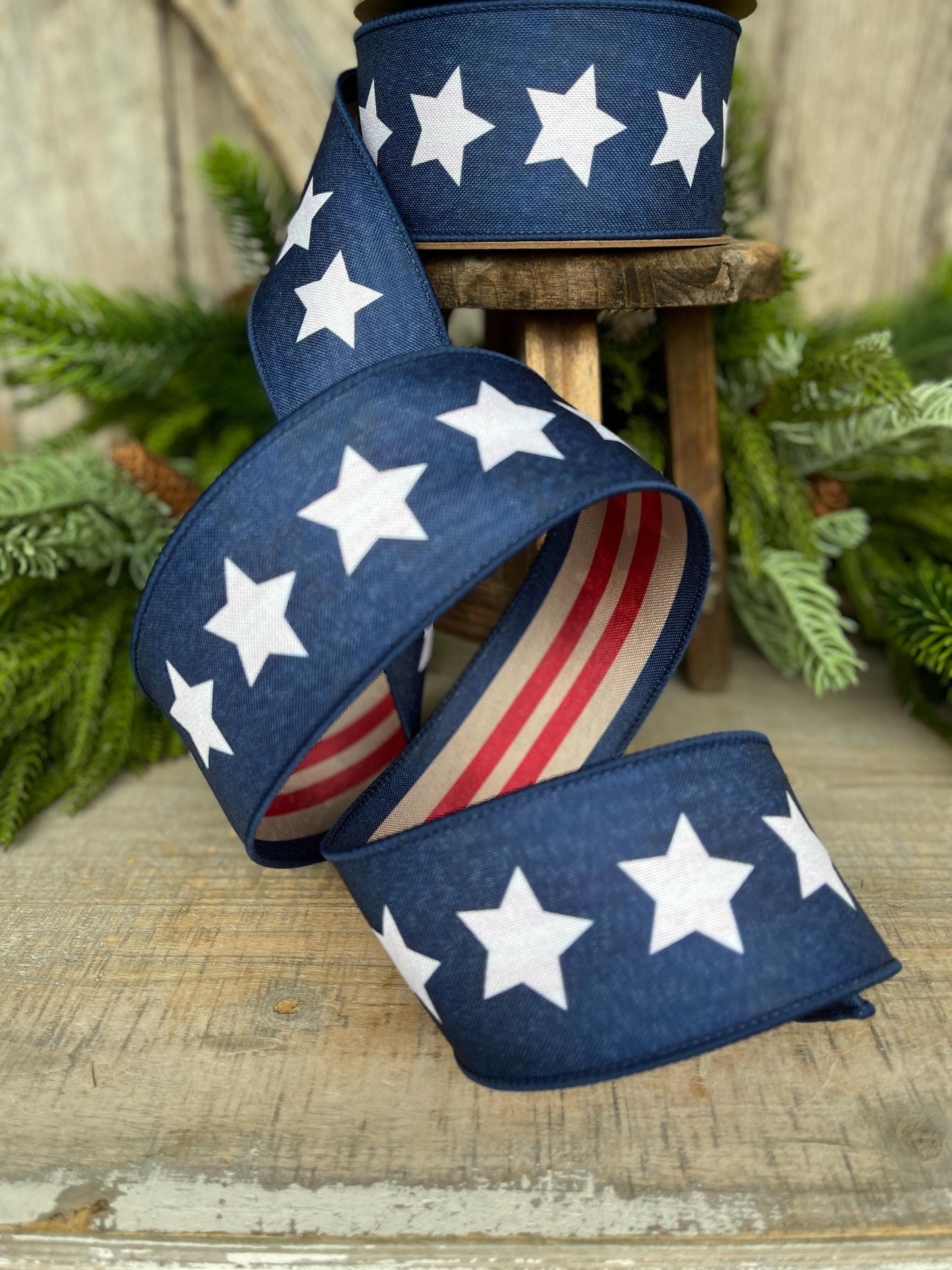 2.5" Patriotic Wired Ribbon, Blue Stars Tea-Stained Red Stripes, Americana Ribbon, Rustic 4th of July Decor, 9556W-032-63C