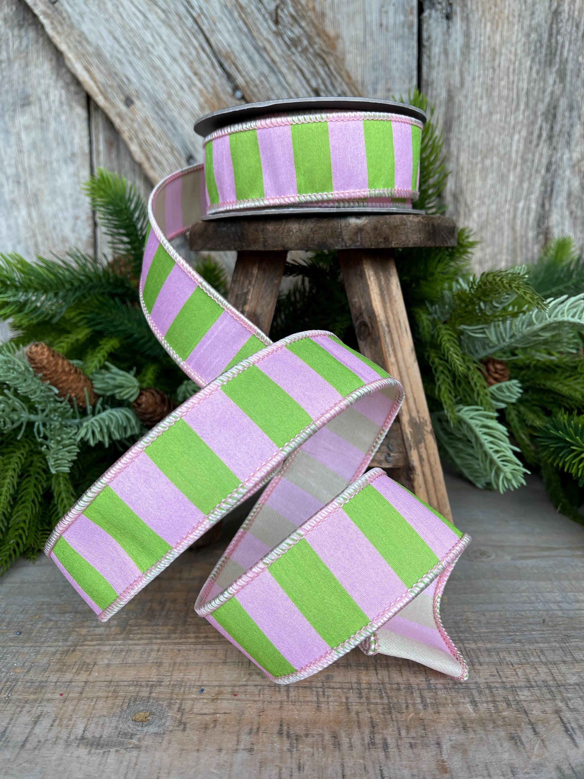 1.5" Pink Green Stripe Ribbon, Wired RIbbon, Pink Wired RIbbon