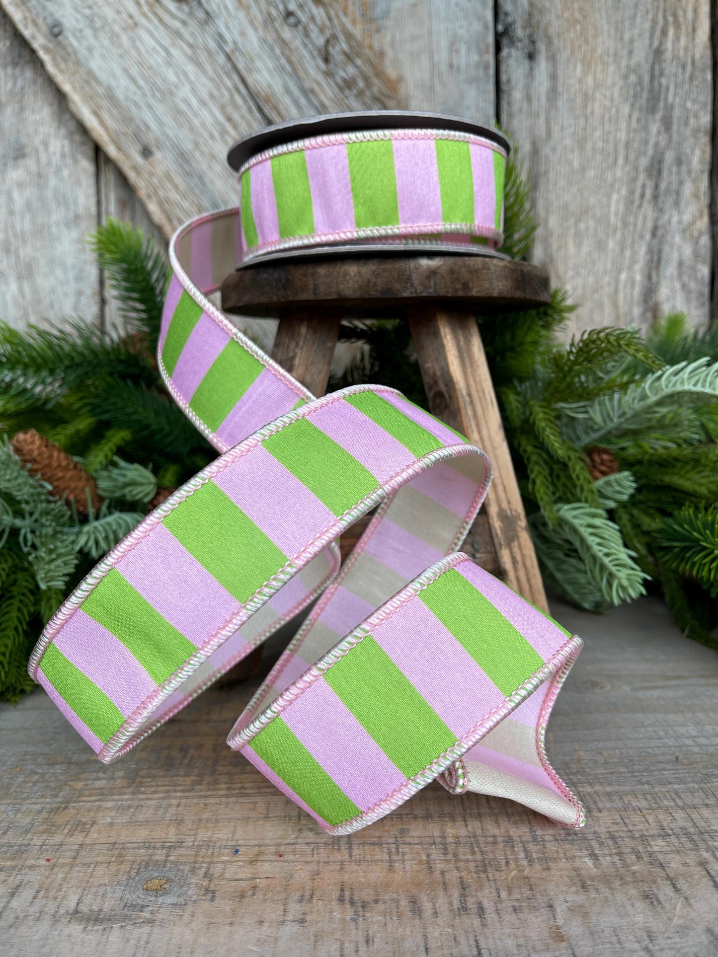 1.5" Pink Green Stripe Ribbon, Wired RIbbon, Pink Wired RIbbon