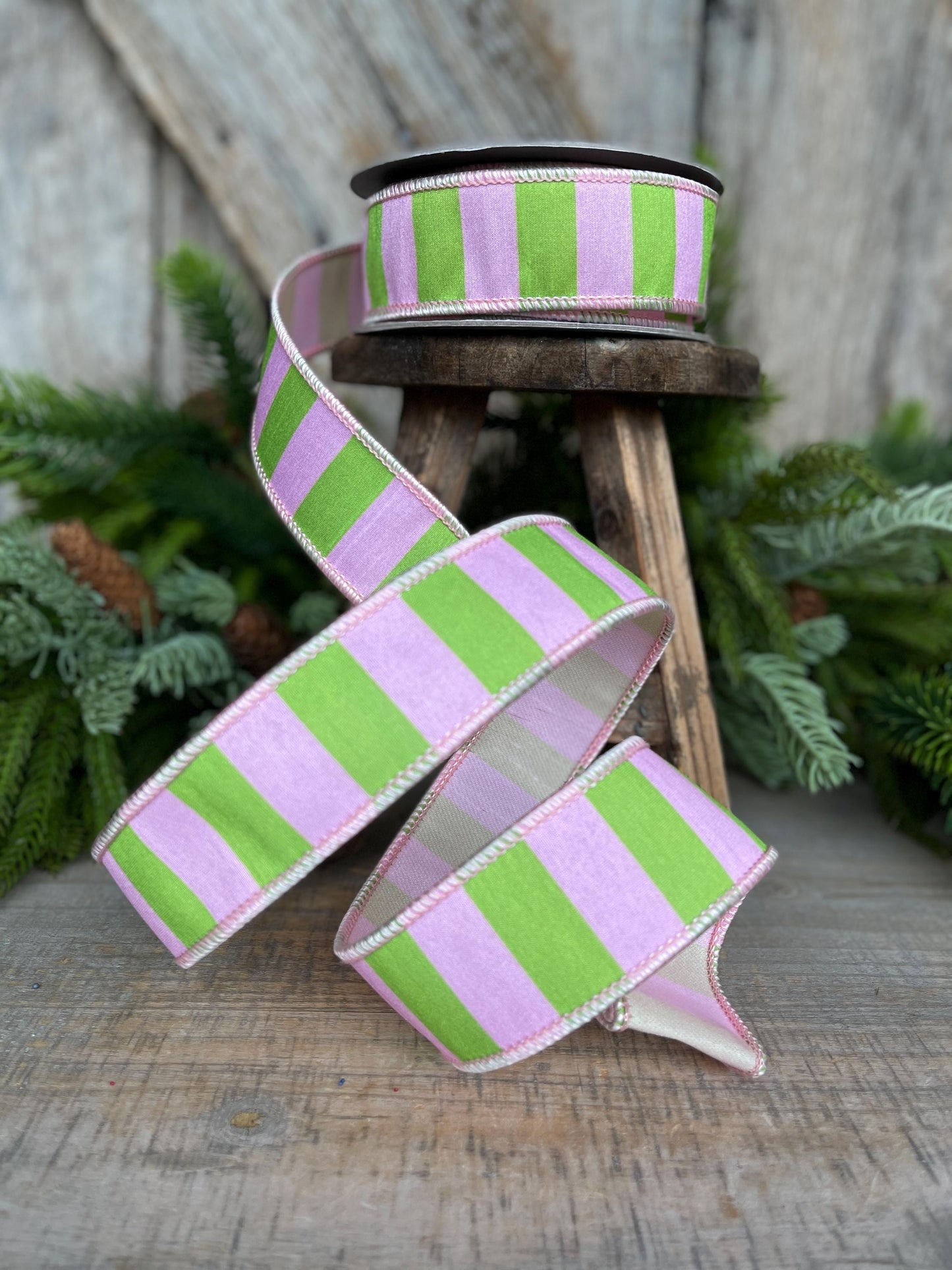 1.5" Pink Green Stripe Ribbon, Wired RIbbon, Pink Wired RIbbon