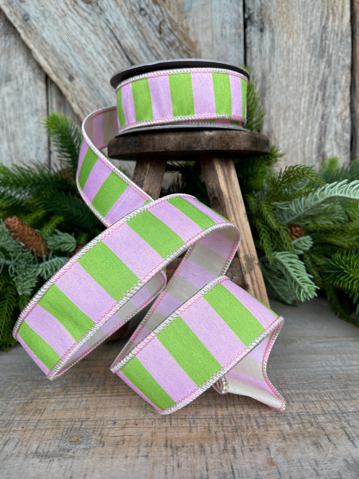 1.5" Pink Green Stripe Ribbon, Wired RIbbon, Pink Wired RIbbon