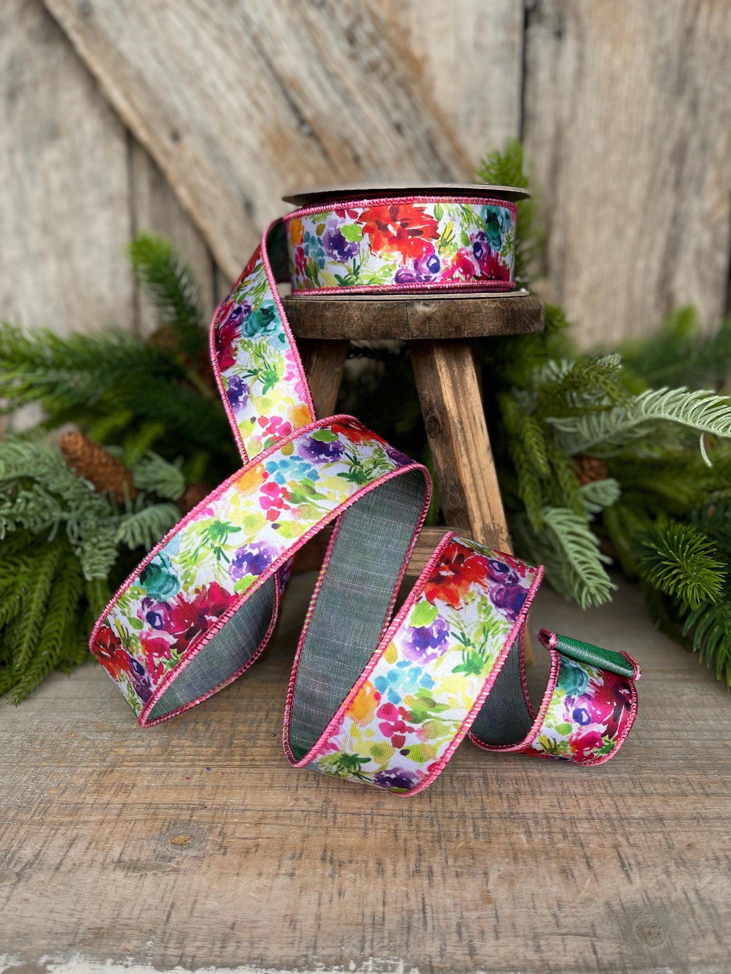 1.5" Floral Ribbon, wired Ribbon, Spring Ribbon, Summer Ribbon, Pink Floral Ribbon, Designer Ribbon, 94546W-001-09F