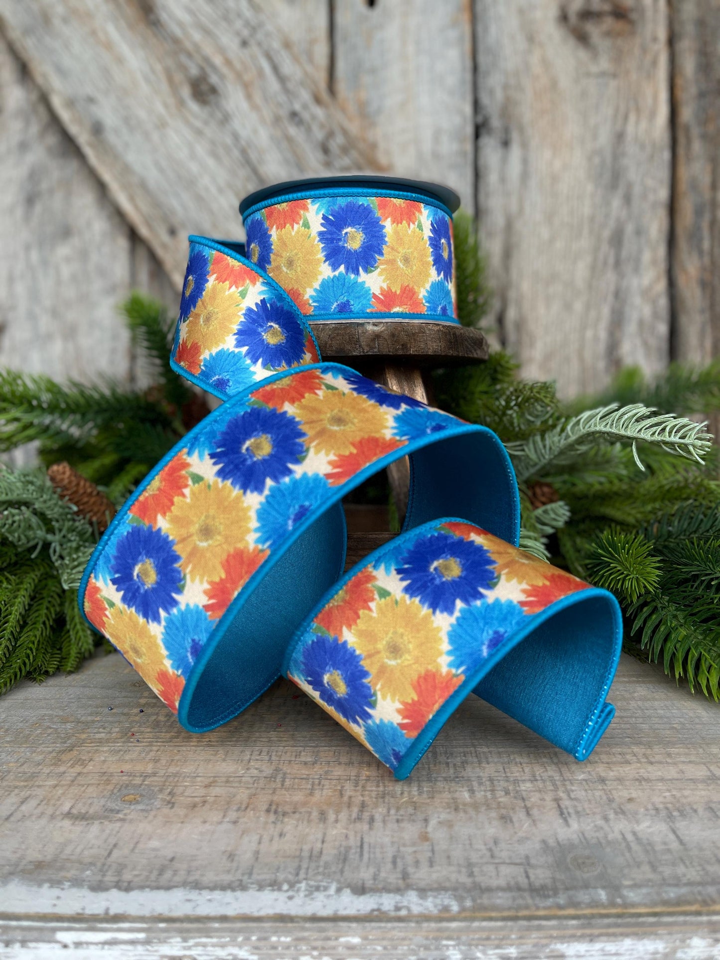 2.5" Vibrant Daisies Ribbon, Farrisilk Ribbon, Blue Yellow Ribbon, Designer Ribbon, Turquoise Ribbon, Floral Ribbon, SR084-32
