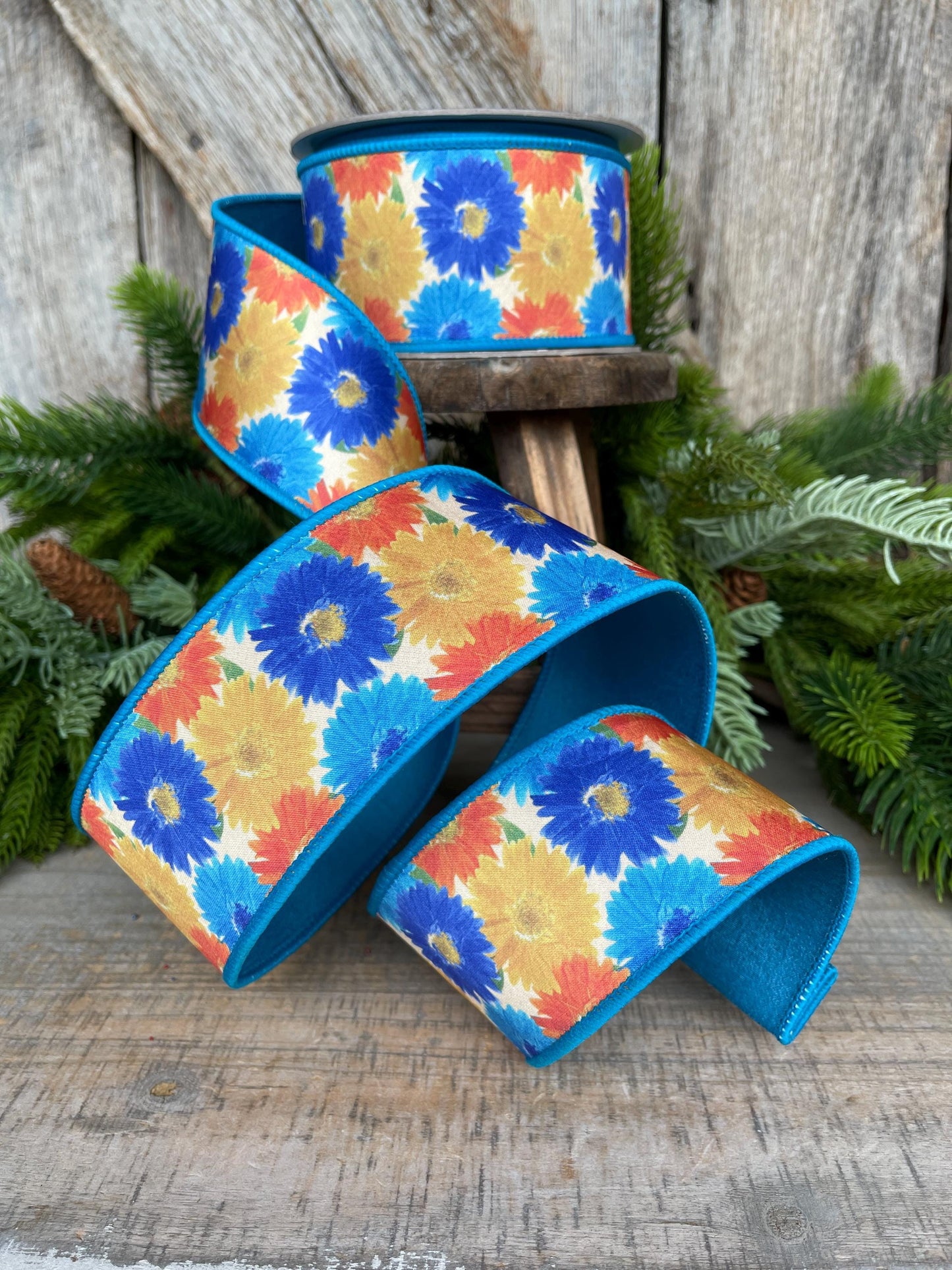 2.5" Vibrant Daisies Ribbon, Farrisilk Ribbon, Blue Yellow Ribbon, Designer Ribbon, Turquoise Ribbon, Floral Ribbon, SR084-32