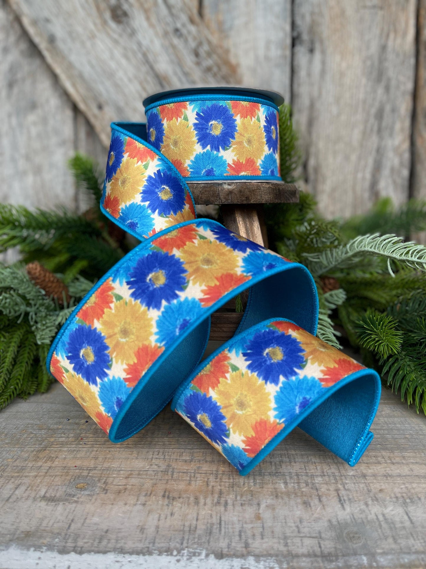 2.5" Vibrant Daisies Ribbon, Farrisilk Ribbon, Blue Yellow Ribbon, Designer Ribbon, Turquoise Ribbon, Floral Ribbon, SR084-32