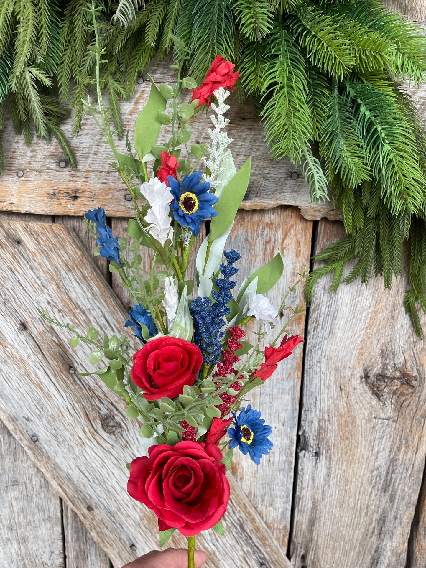 25" Patriotic Rose Spray, Artificial Floral Bush, Red White Blue Floral
