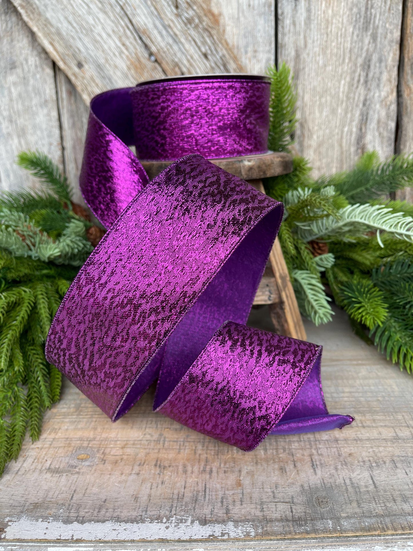 2.5" Purple Metalic Tinsel Ribbon, Farrisilk, wired Ribbon, Halloween Ribbon, Purple Ribbon, wreath supply, ribbon for bows, RS151-27