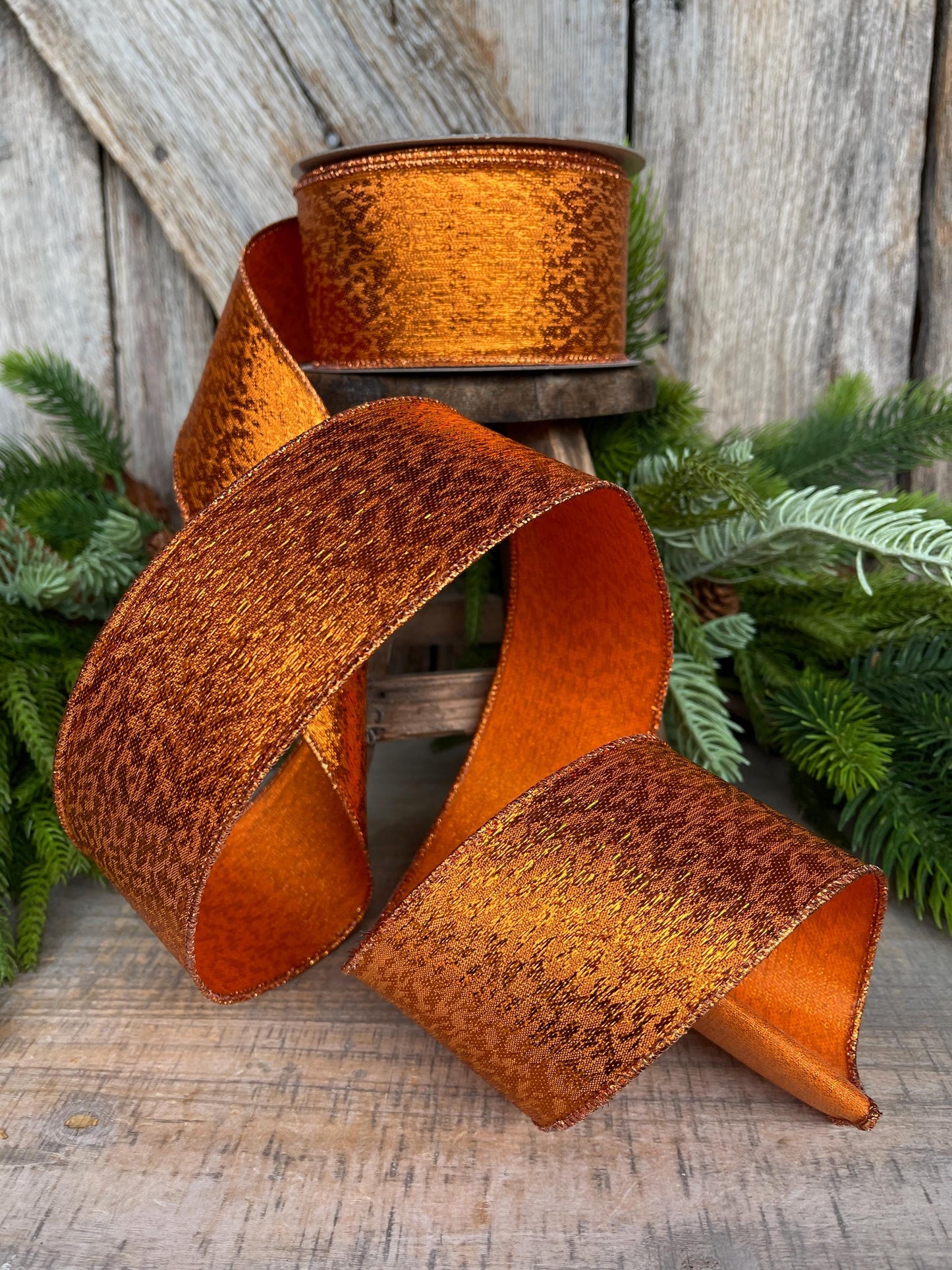 2.5" Orange Metalic Tinsel Ribbon, Farrisilk, wired Ribbon, Halloween Ribbon, Orange Ribbon, wreath supply, ribbon for bows, RS151-52