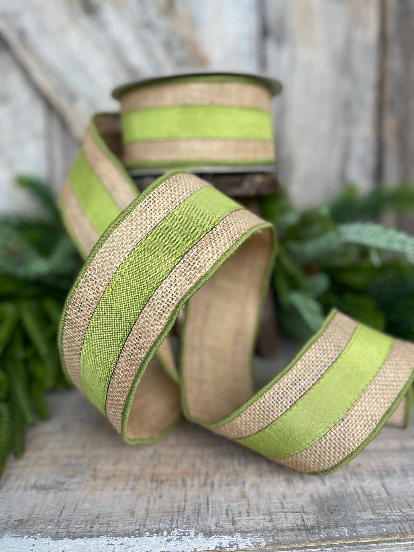 2.5" Green Burlap Border Ribbon, Farrisilk Ribbon, Wired Ribbon, Fall Ribbon, Olive Green Ribbon, Moss Green Ribbon, Burlap Ribbon, SR094-61