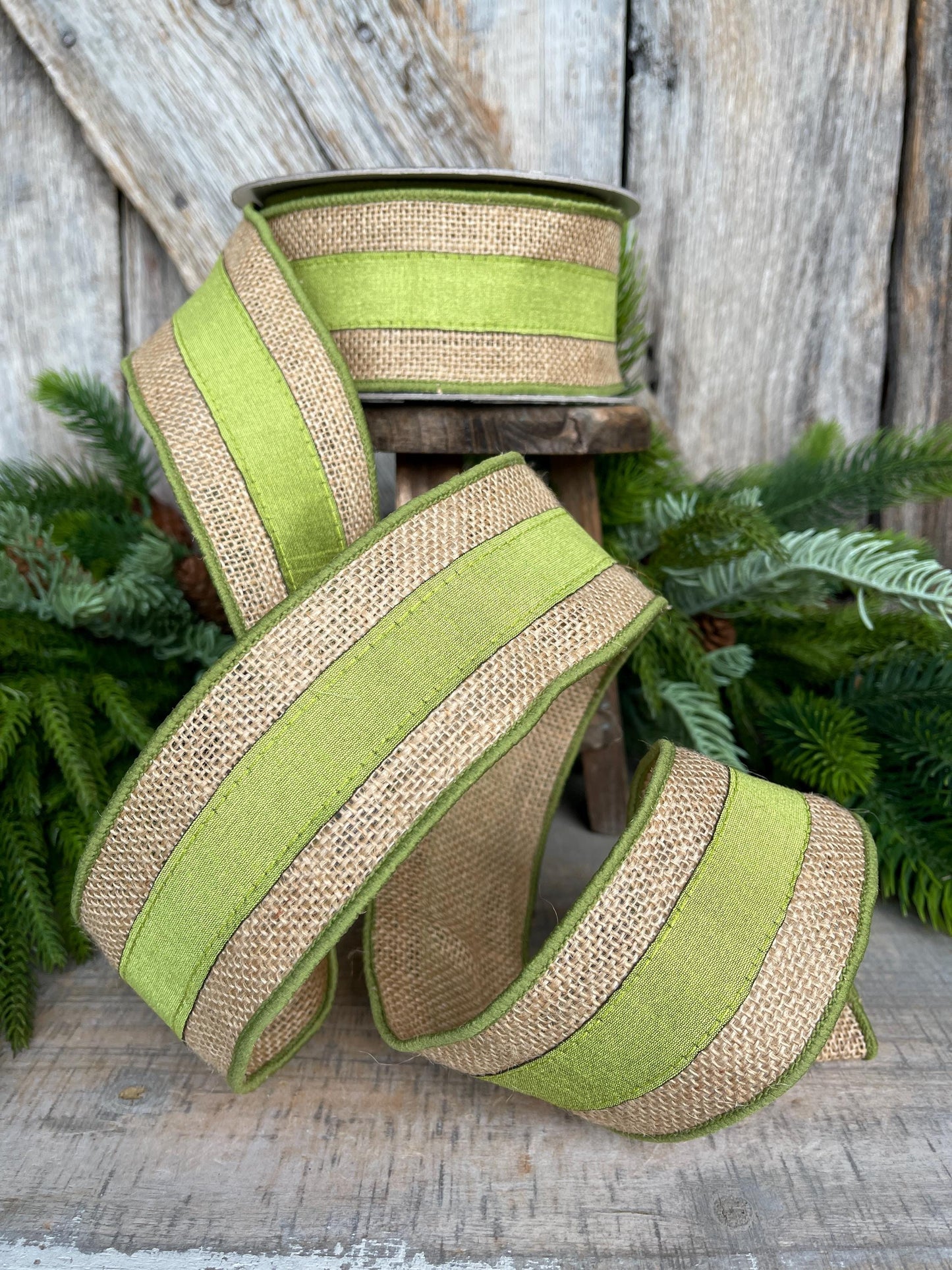 2.5" Green Burlap Border Ribbon, Farrisilk Ribbon, Wired Ribbon, Fall Ribbon, Olive Green Ribbon, Moss Green Ribbon, Burlap Ribbon, SR094-61
